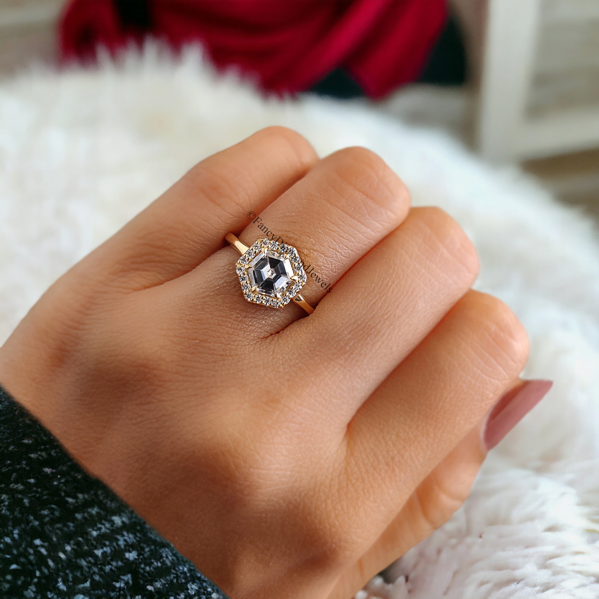 1.00 CT Hexagon And Round Cut Colorless Moissanite Halo Engagement Ring Prong Set Wedding Ring Cathedral Ring Anniversary Gift Ring FD84