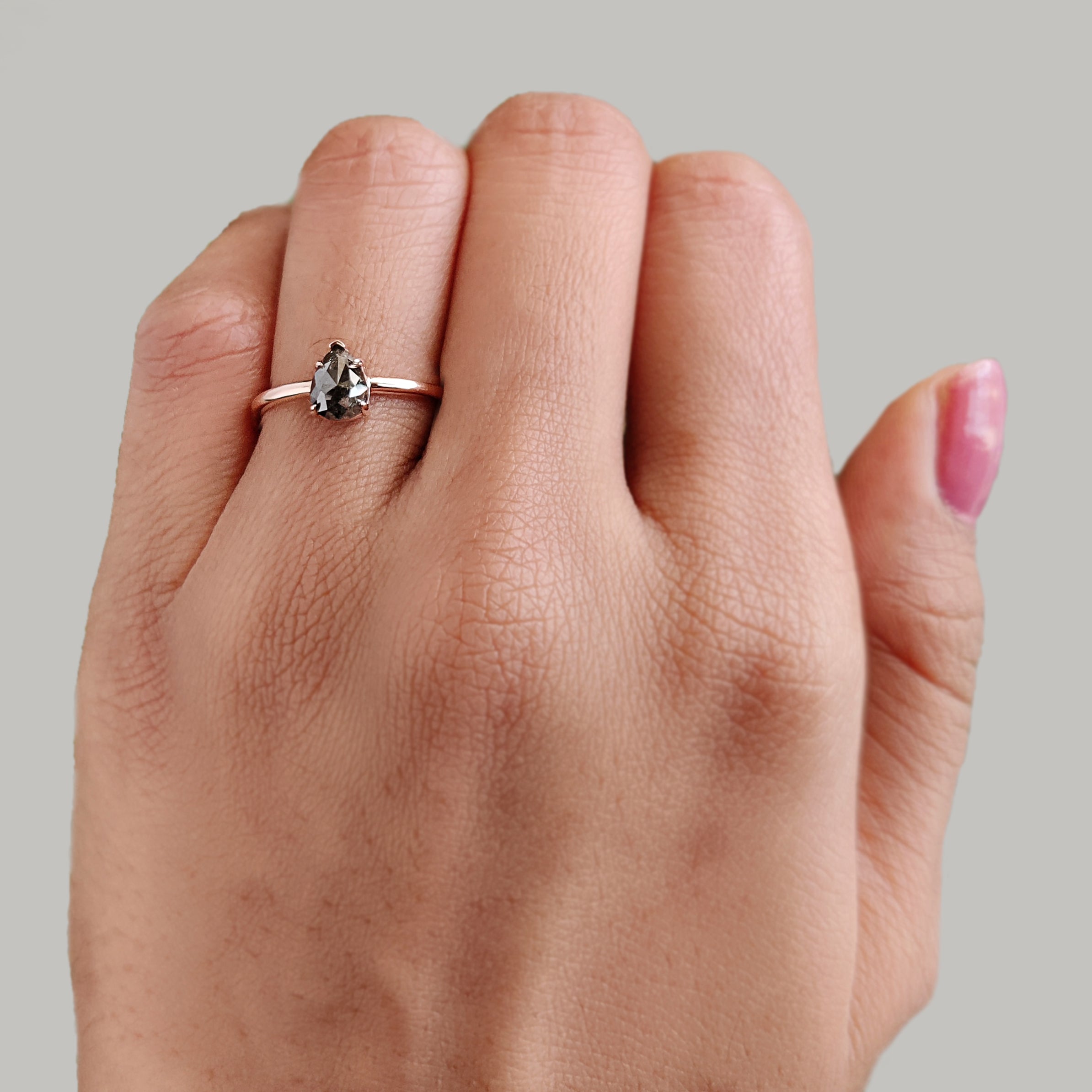 Pear Cut Salt And Pepper Diamond Ring 0.81 Ct 6.70 MM Pear Cut Diamond Ring 14K Solid Rose Gold Silver Engagement Ring Gift For Her KDL3352