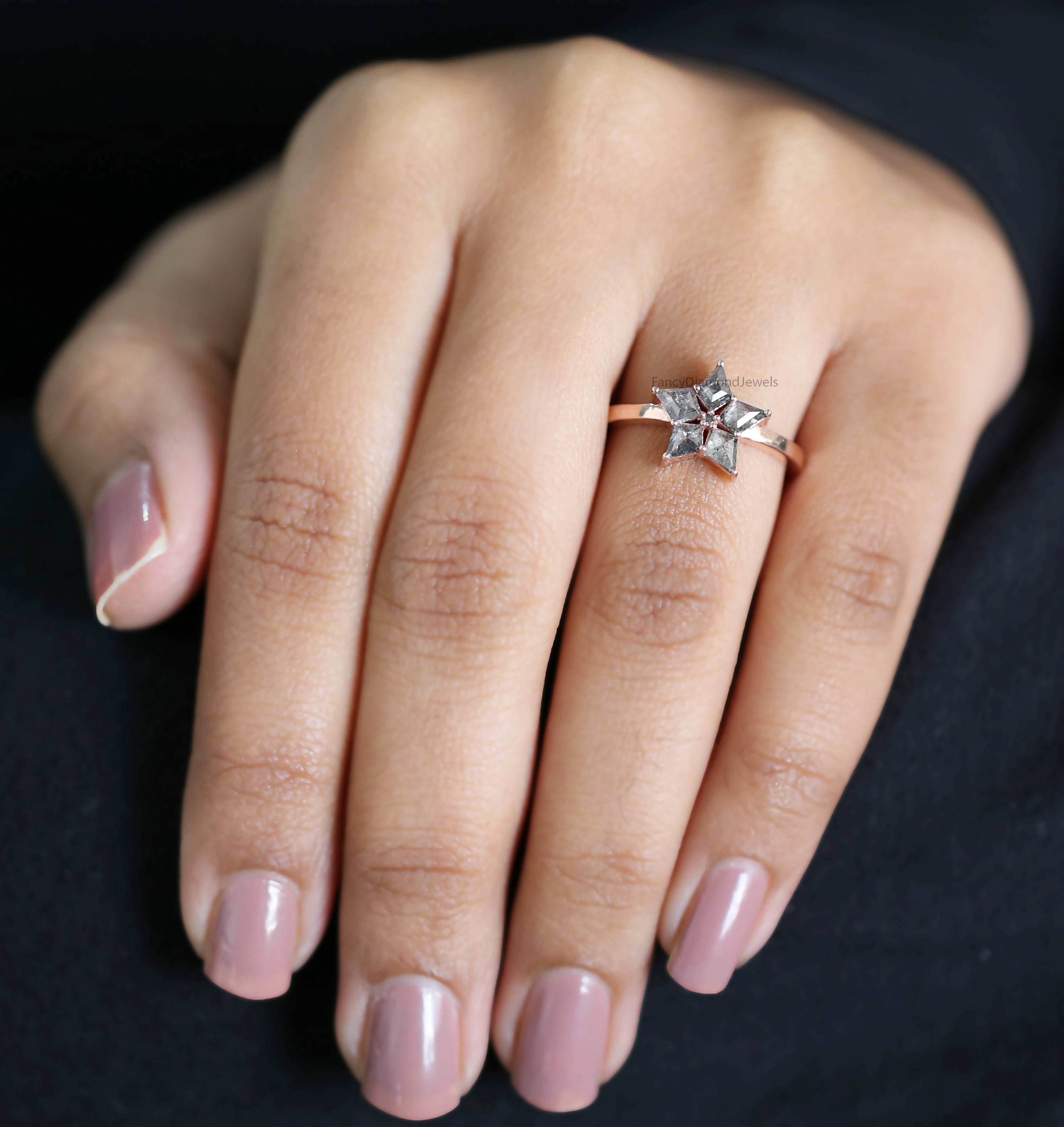 Kite Cut Salt And Pepper Diamond Ring 0.71 Ct 5.10 MM Kite Diamond Ring 14K Solid Rose Gold Silver Kite Engagement Ring Gift For Her QN1604