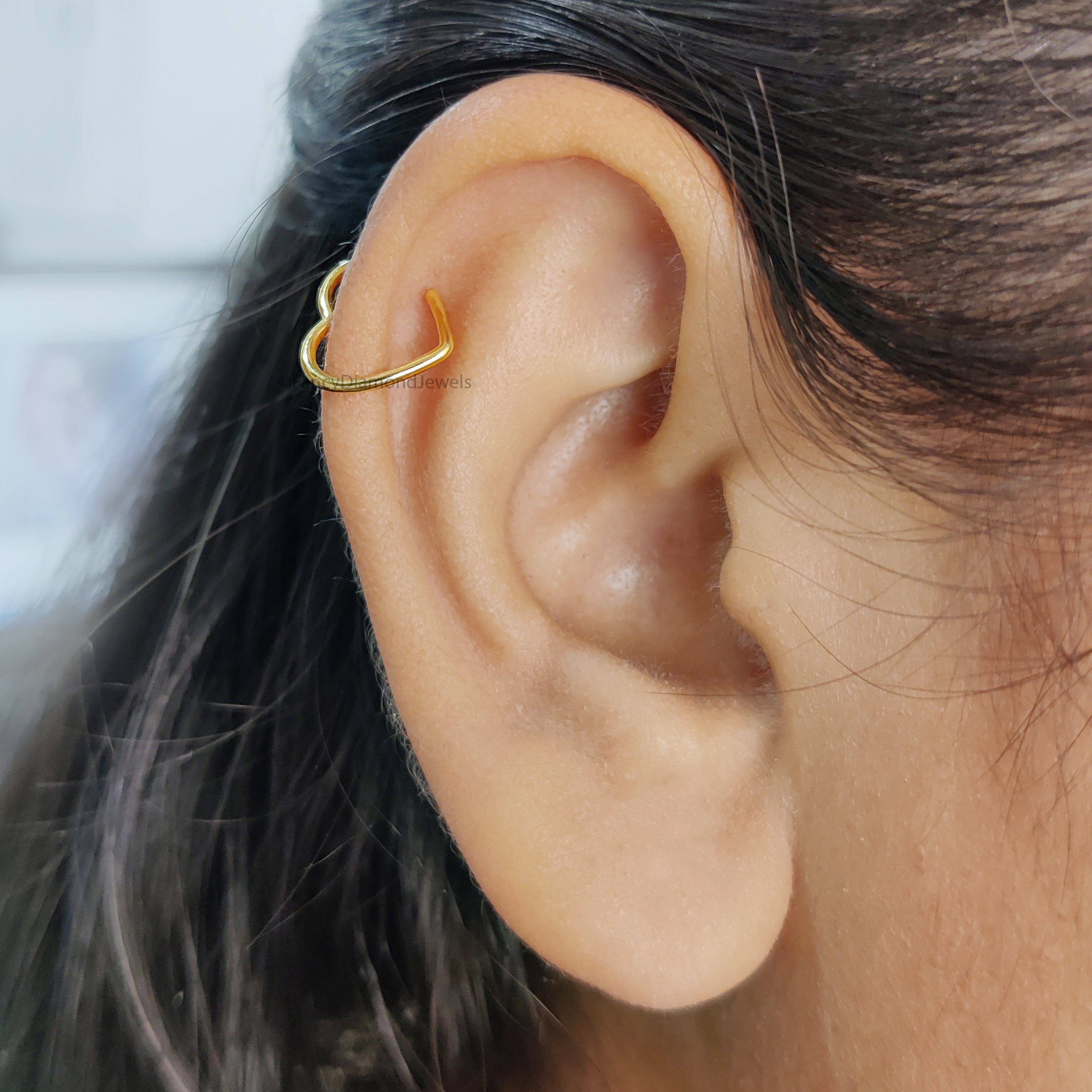 Fake Heart Helix Ring Fake Piercing Silver Yellow Gold Cuff minimalist-style earring 14K Yellow Gold Ear Wrap Cuff Gift For Her FD480