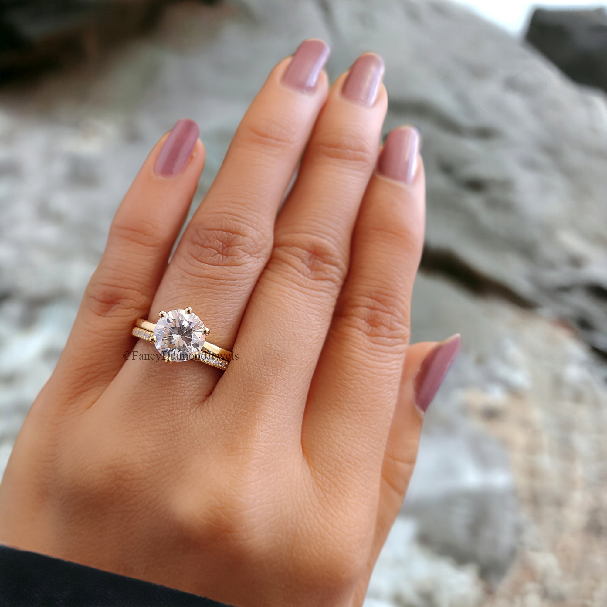 Round Moissanite Bridal Ring Solitaire Moissanite Engagement Ring Eternity Moissanite Wedding Band 14K Solid Gold Anniversary Ring Set FD98