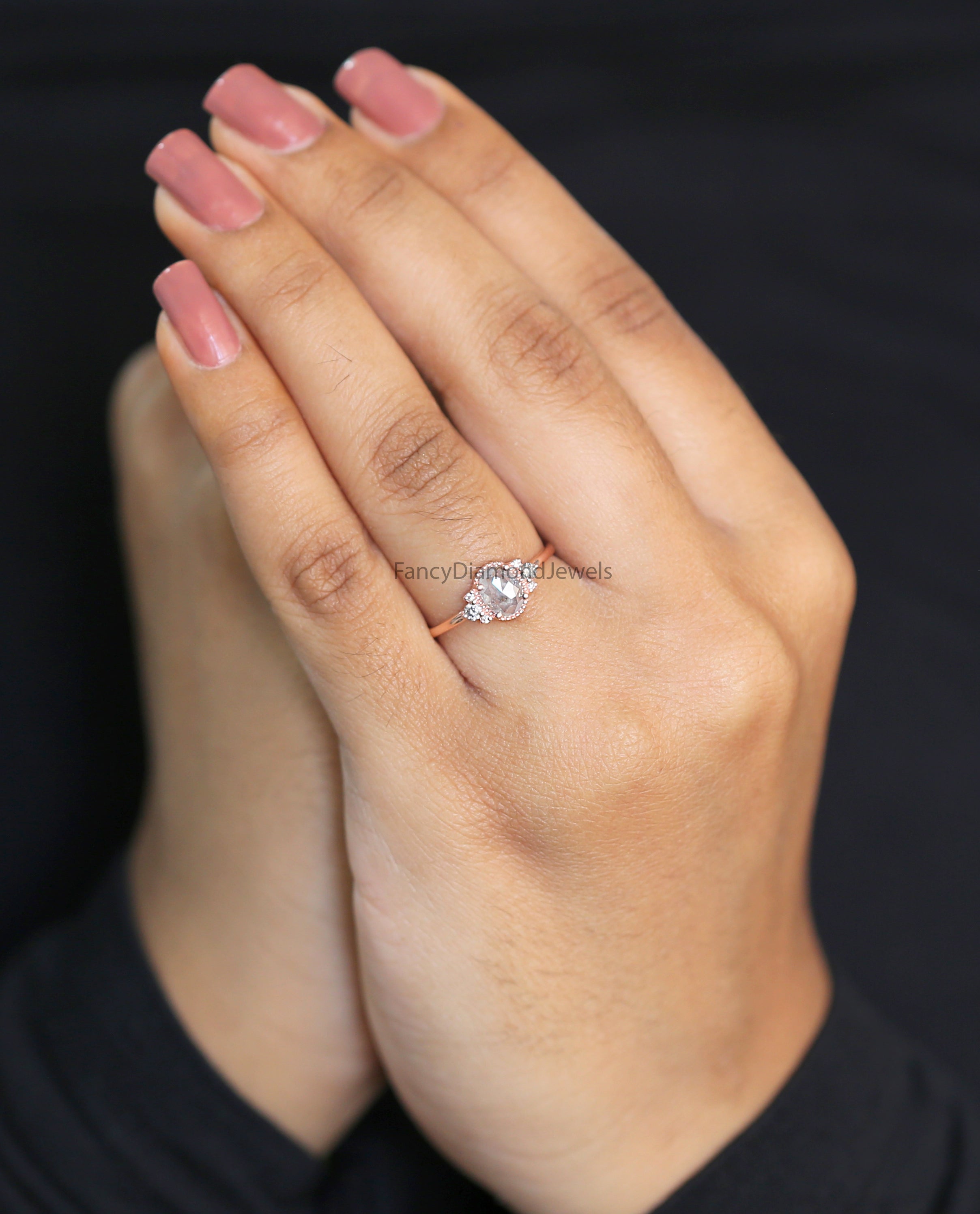 Oval Cut Salt And Pepper Diamond Ring 0.68 Ct 6.27 MM Oval Diamond Ring 14K Solid Rose Gold Silver Oval Engagement Ring Gift For Her QN2185