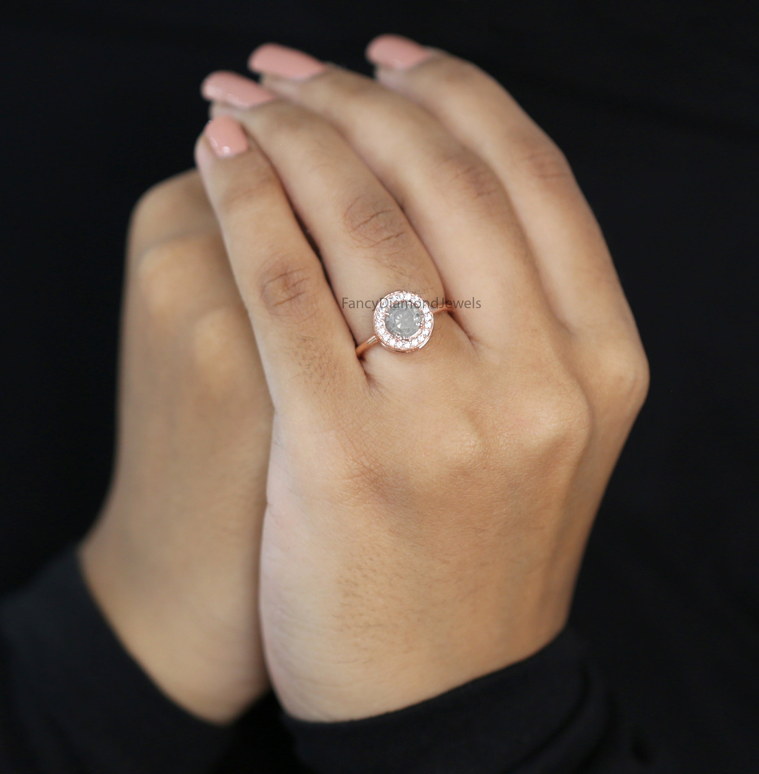 Round Cut Salt And Pepper Diamond Ring 1.25 Ct 6.15 MM Round Diamond Ring 14K Solid Rose Gold Silver Engagement Ring Gift For Her QN486