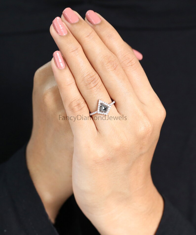 0.94 Ct Natural Kite Shape Salt And Pepper Diamond Ring 7.60 MM Kite Cut Diamond Ring 14K Solid Rose Gold Silver Engagement Ring QL2038