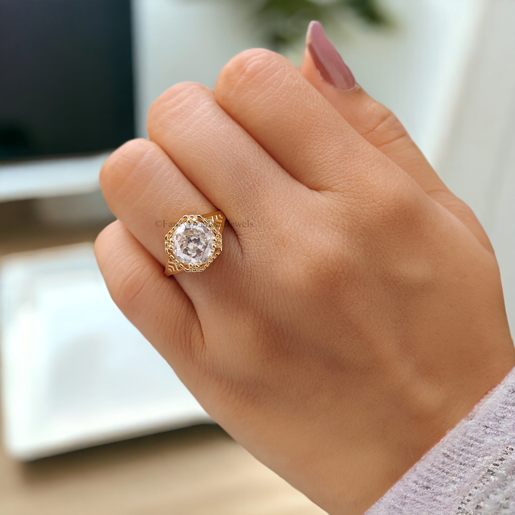 Art Deco Ring 1.80 CT Round Old European Cut Colorless Moissanite Ring OEC Ring Engagement Ring Wedding Ring Bridal Set 14KT Gold FD121