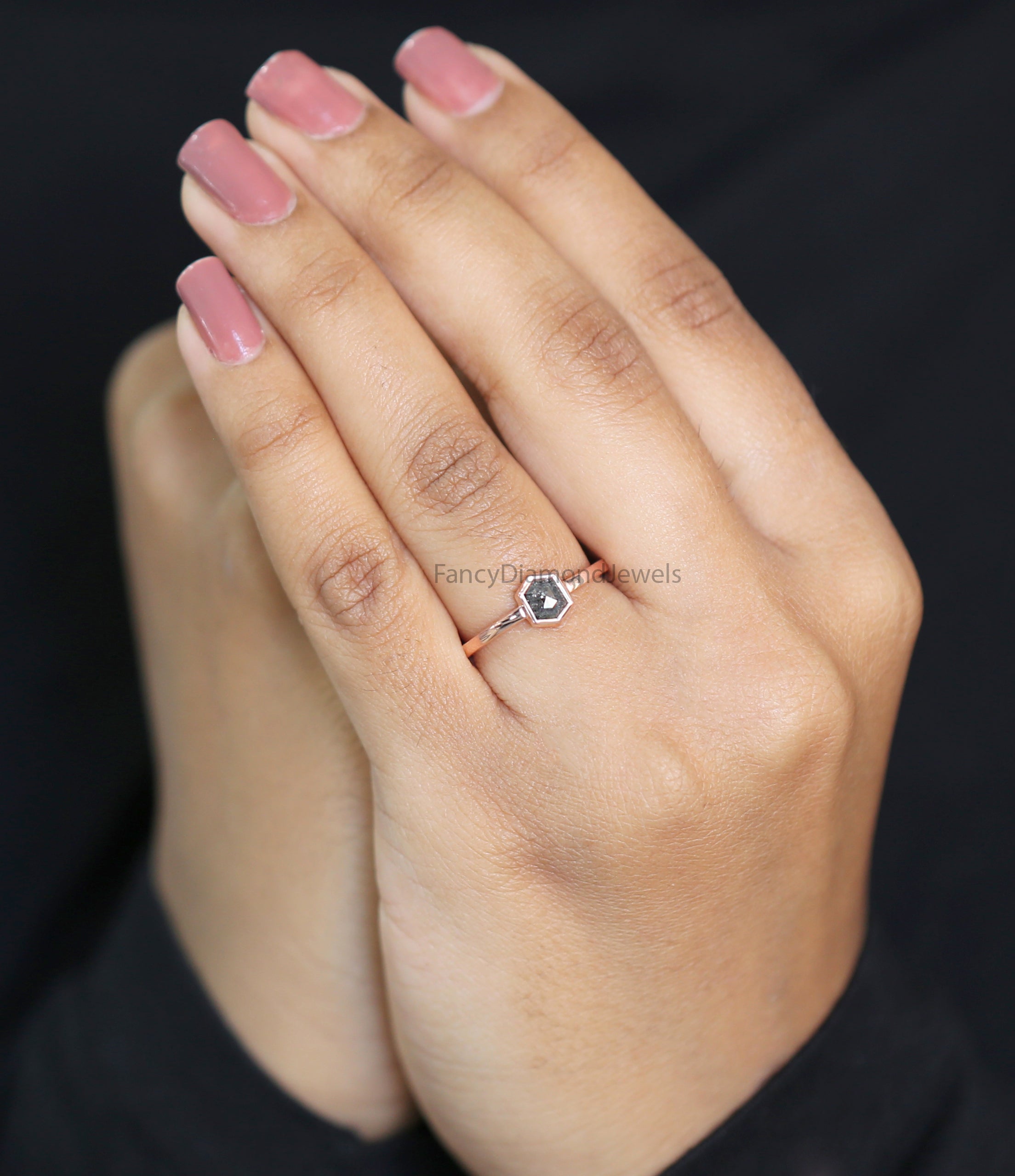 Hexagon Cut Salt And Pepper Diamond Ring 0.76 Ct 5.96 MM Hexagon Diamond Ring 14K Solid Rose Gold Silver Engagement Ring Gift For Her QN2187
