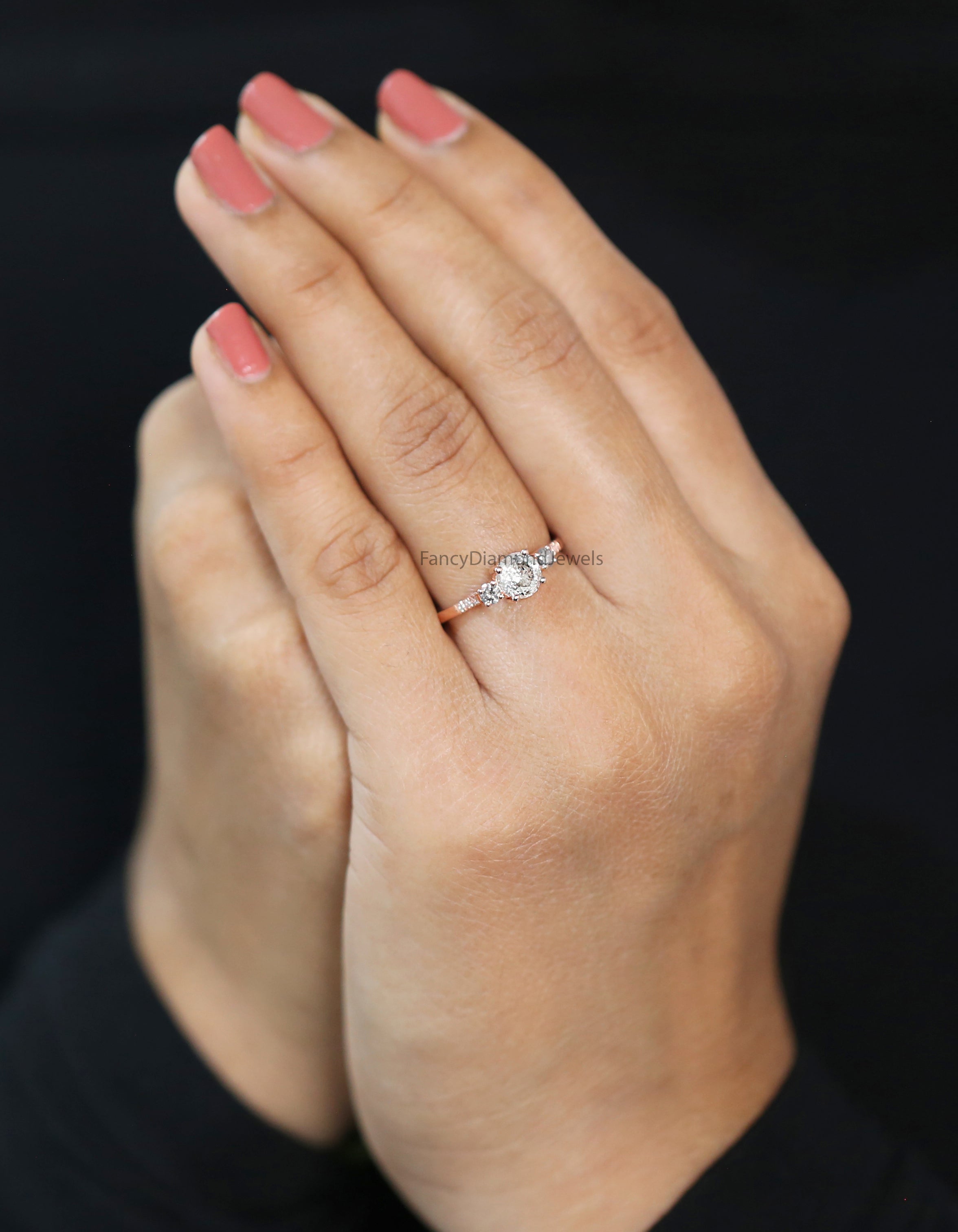Round Cut Salt And Pepper Diamond Ring 0.83 Ct 5.64 MM Round Diamond Ring 14K Solid Rose Gold Silver Engagement Ring Gift For Her QN2184
