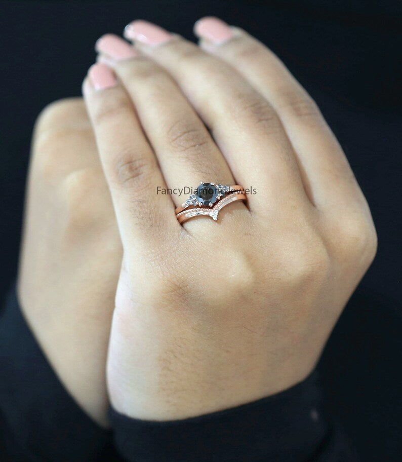 1.02 Ct Natural Round Shape Salt And Pepper Diamond Ring 6.10 MM Round Cut Diamond Ring 14K Solid Rose Gold Silver Engagement Ring QN1453