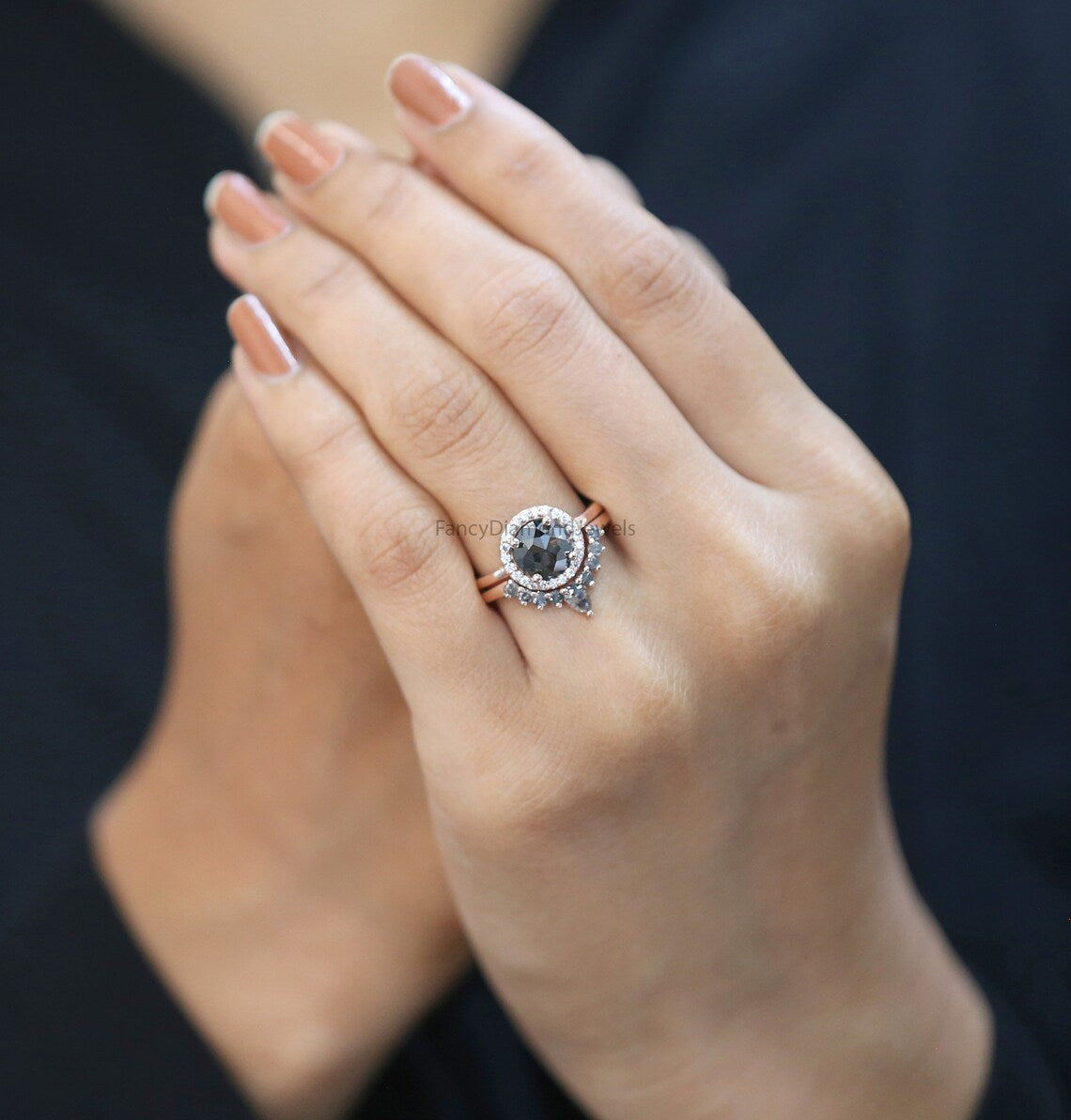 Round Rose Cut Salt And Pepper Diamond Ring 1.86 Ct 7.50 MM Round Diamond Ring 14K Rose Gold Silver Engagement Ring Gift For Her QL1303