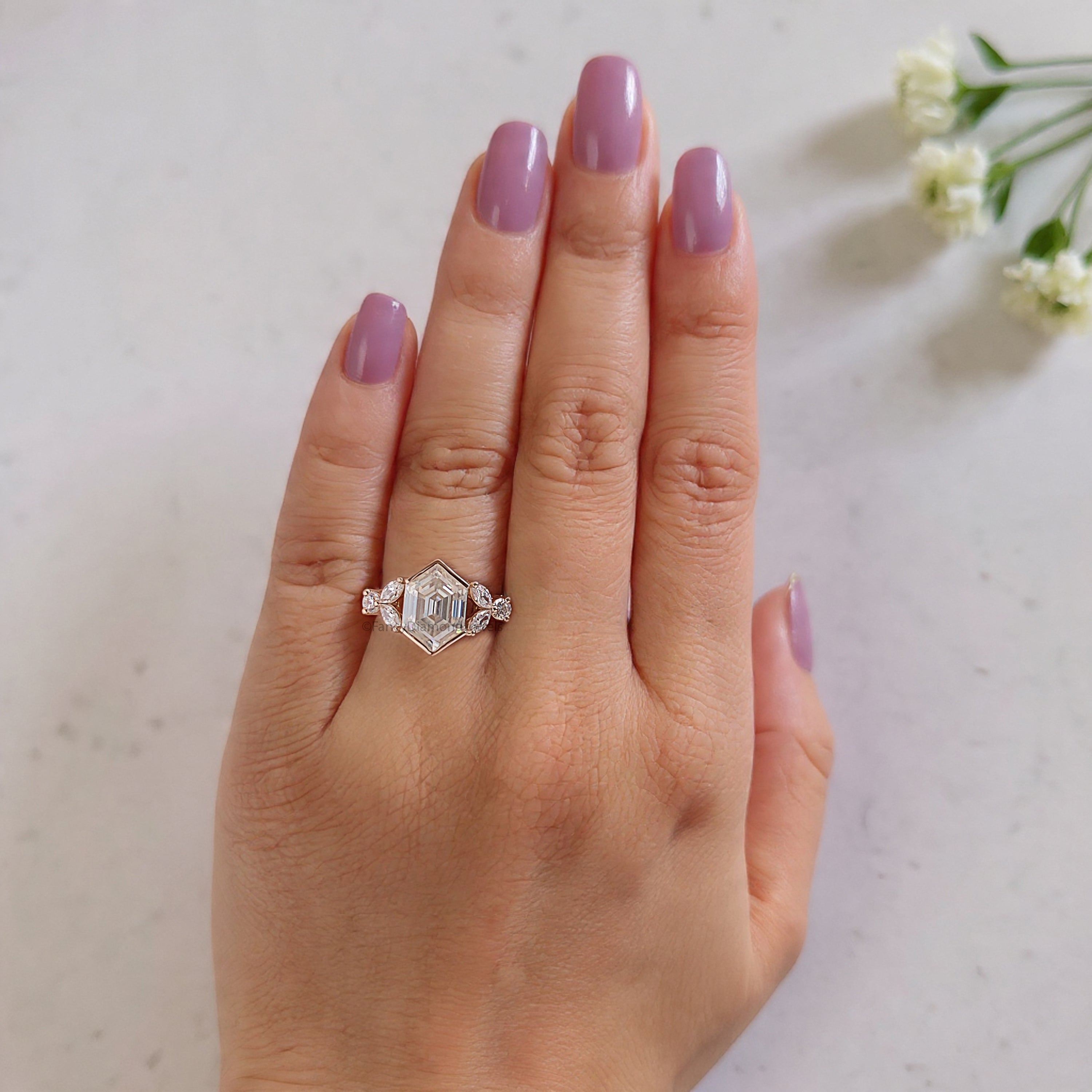 2.35 CT Hexagon cut Lab Grown Diamond Engagement Ring Side Three Stone Diamond ring Half Bezel Set Hexagon Ring for Her Wedding Ring FD470