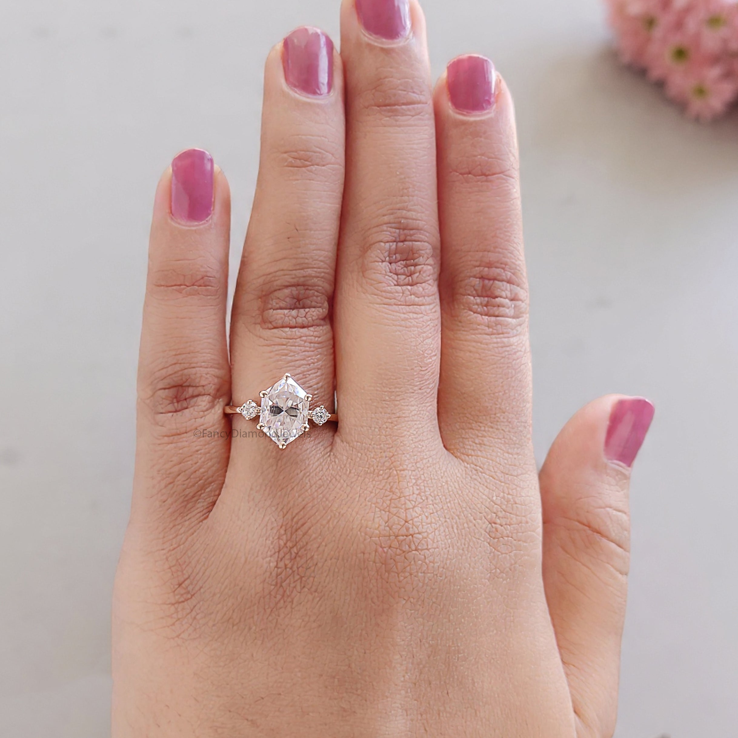 2.35 CT Hexagon cut Lab Grown Diamond Engagement Ring Three Stone Diamond ring Prong Set Hexagon Ring Gift for Her Wedding Ring FD472