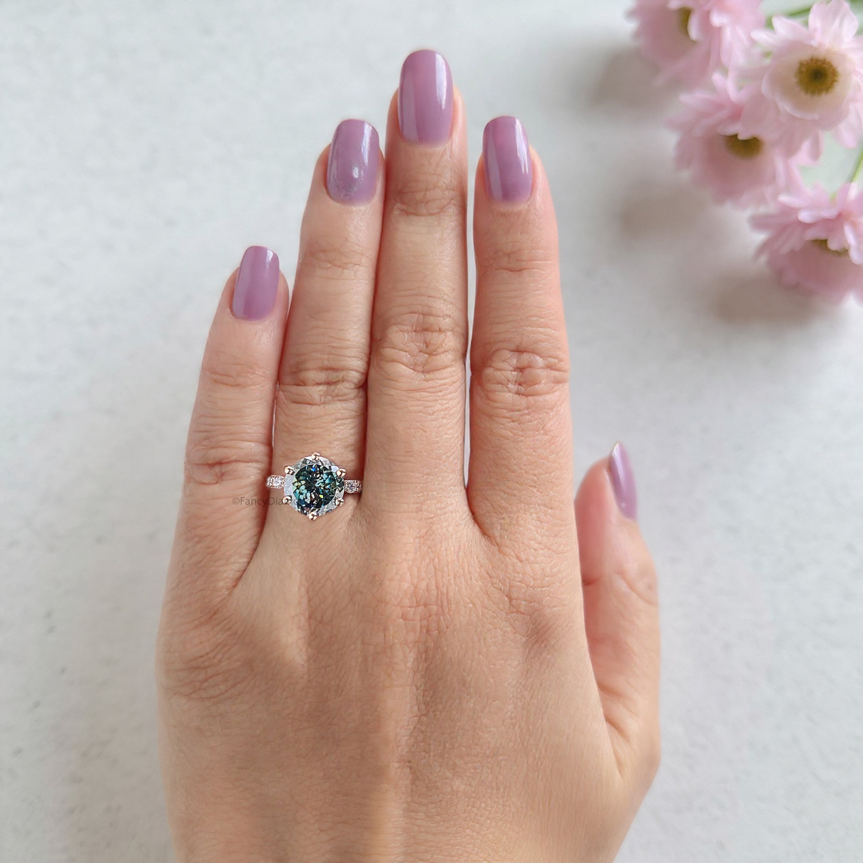 Round Portuguese Cut Blue Green Moissanite Engagement Ring Yellow Gold Ring Vintage Ring Crossover Band Wedding Ring Gift For Her FD475