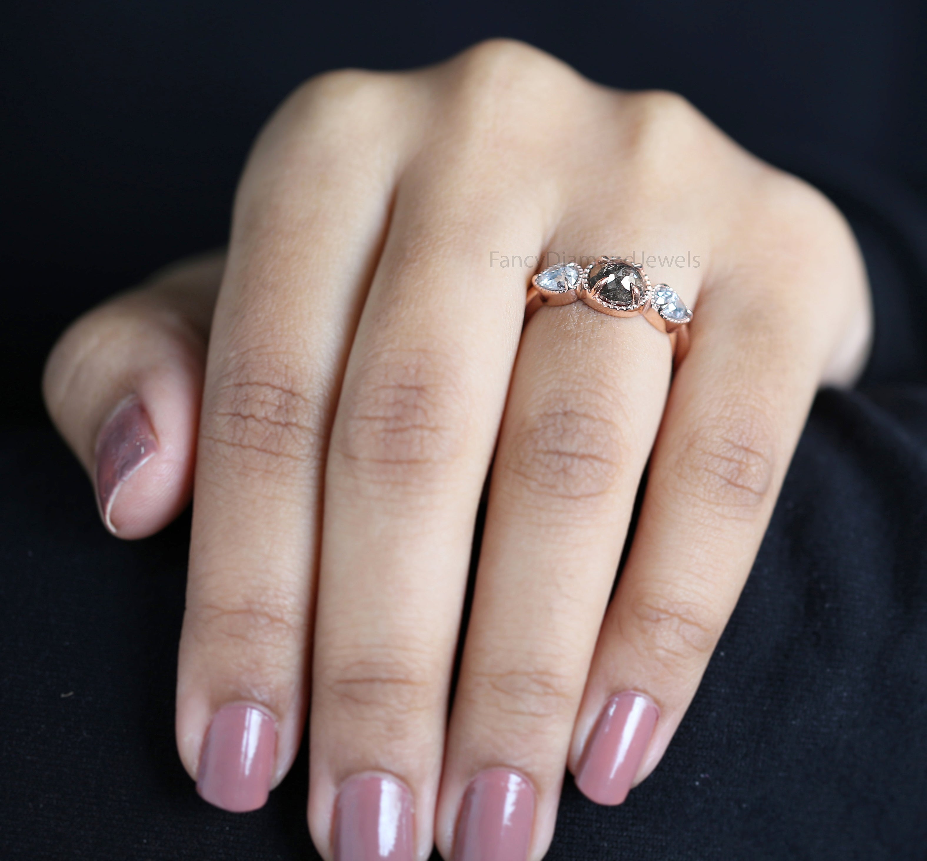 Round Rose Cut Salt And Pepper Diamond Ring 1.16 Ct 6.45 MM Round Diamond Ring 14K Rose Gold Silver Engagement Ring Gift For Her QN9777