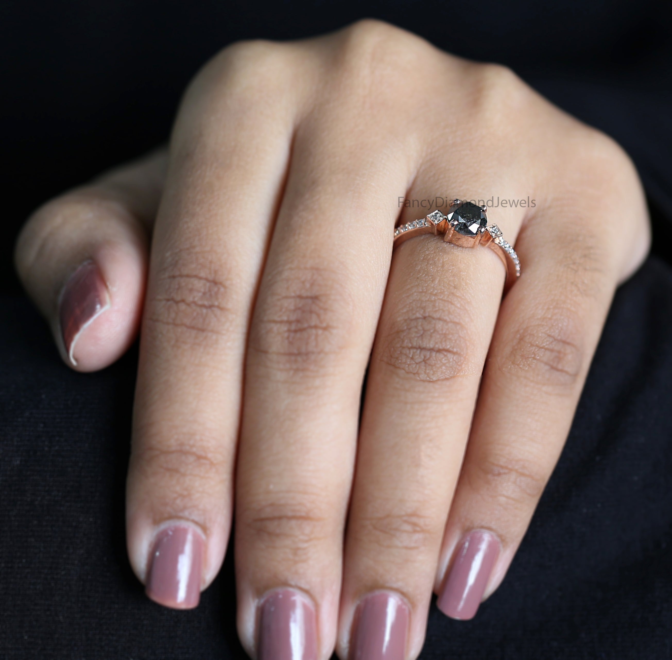 Round Salt And Pepper Diamond Ring 1.01 Ct 5.95 MM Round Cut Diamond Ring 14K Solid Rose Gold Silver Engagement Ring Gift For Her QL3094