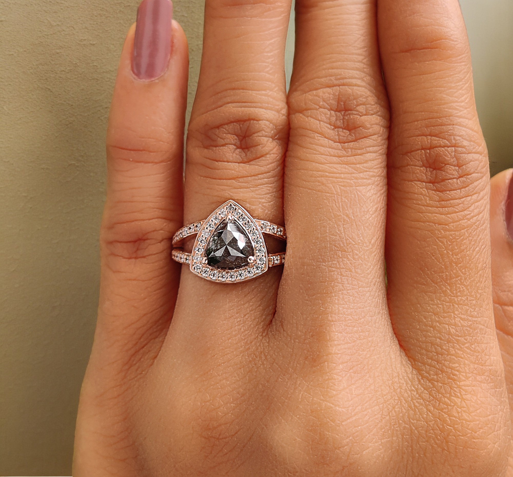 Triangle Cut Salt And Pepper Diamond Ring 1.27 Ct 7.00 MM Triangle Shape Diamond Ring 14K Solid Rose Gold Engagement Ring Gift For Her QN9661