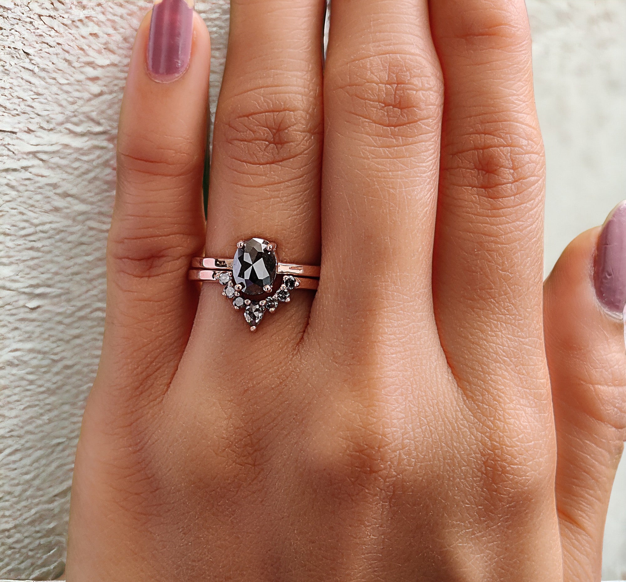 Oval Cut Salt And Pepper Diamond Ring 1.04 Ct 7.35 MM Oval Diamond Ring 14K Solid Rose Gold Silver Oval Engagement Ring Gift For Her QL1021