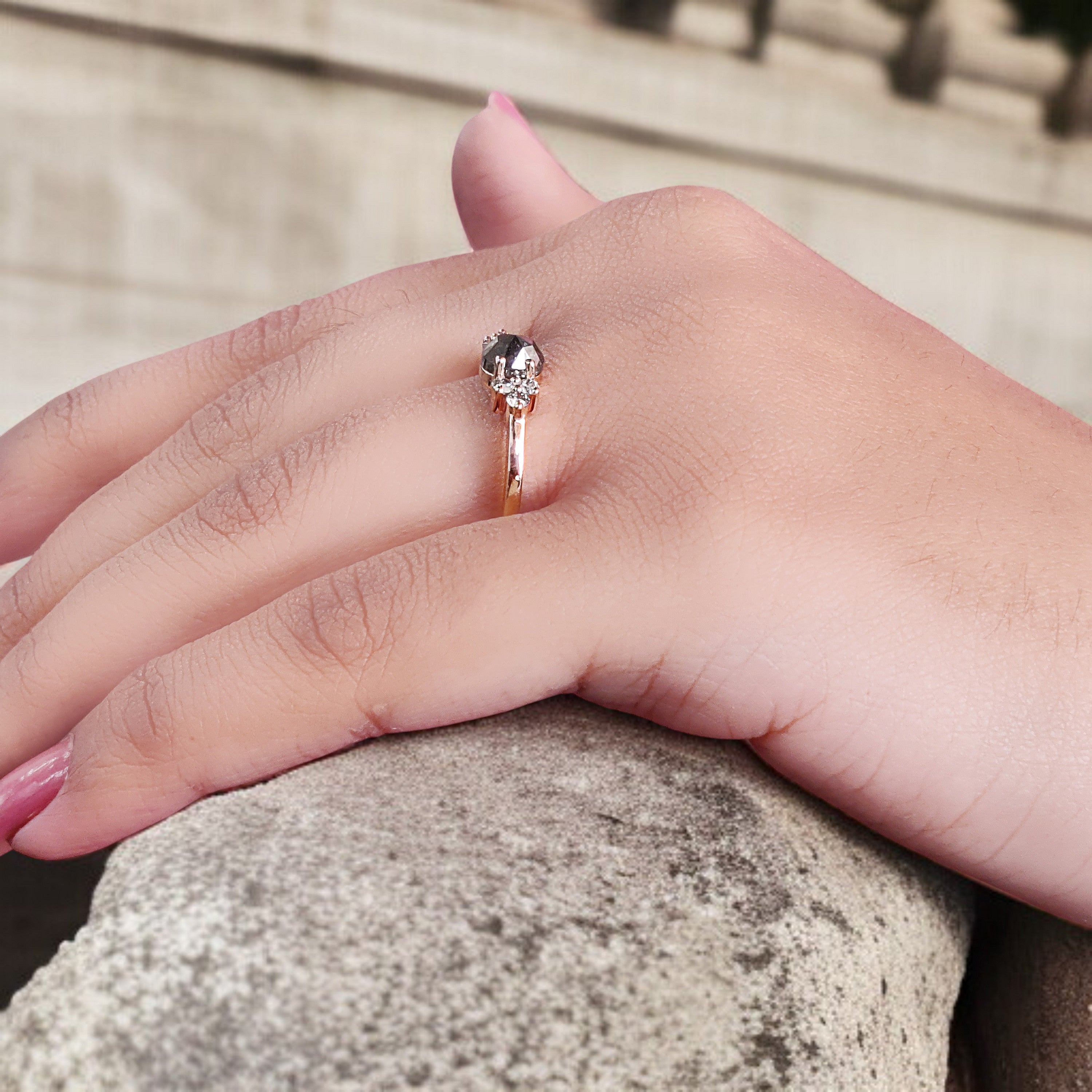 Oval Cut Salt And Pepper Diamond Ring 0.72 Ct 5.59 MM Oval Shape Diamond Ring 14K Solid Rose Gold Silver Engagement Ring Gift For Her KD1106