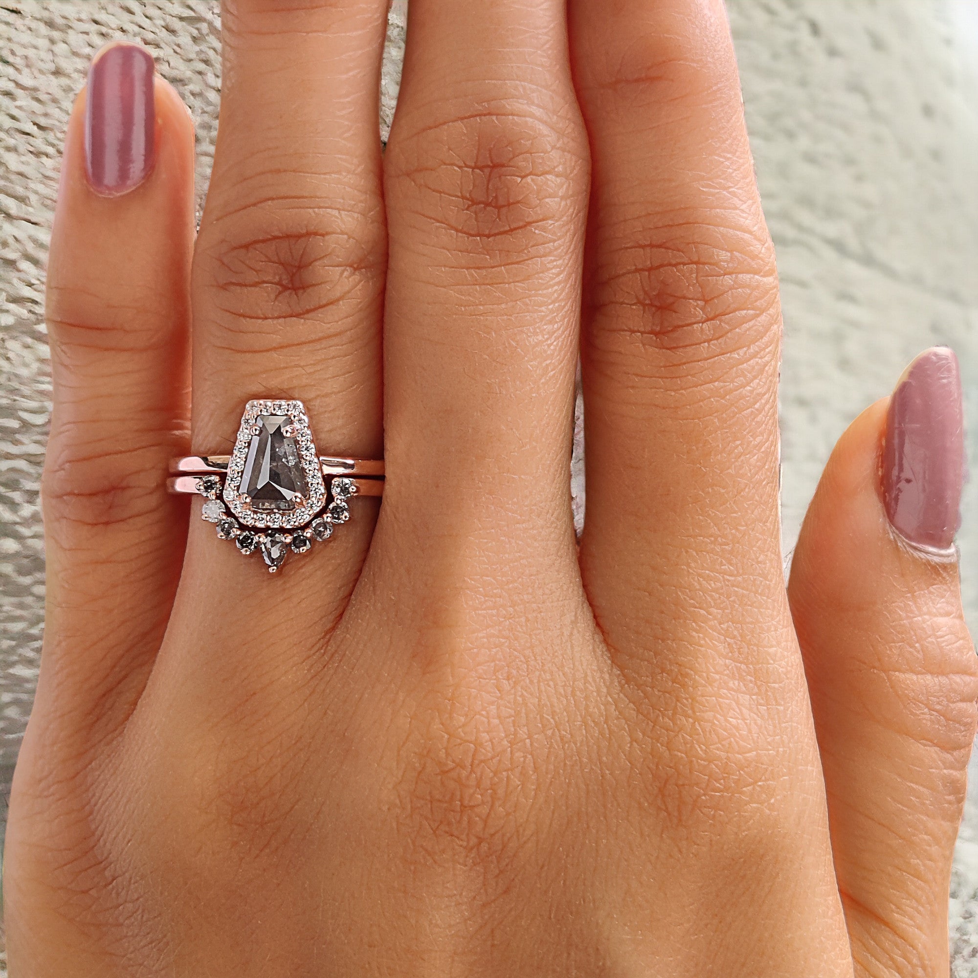 Coffin Cut Salt And Pepper Diamond Ring 0.69 Ct 6.90 MM Coffin Diamond Ring 14K Solid Rose Gold Silver Engagement Ring Gift For Her QL506