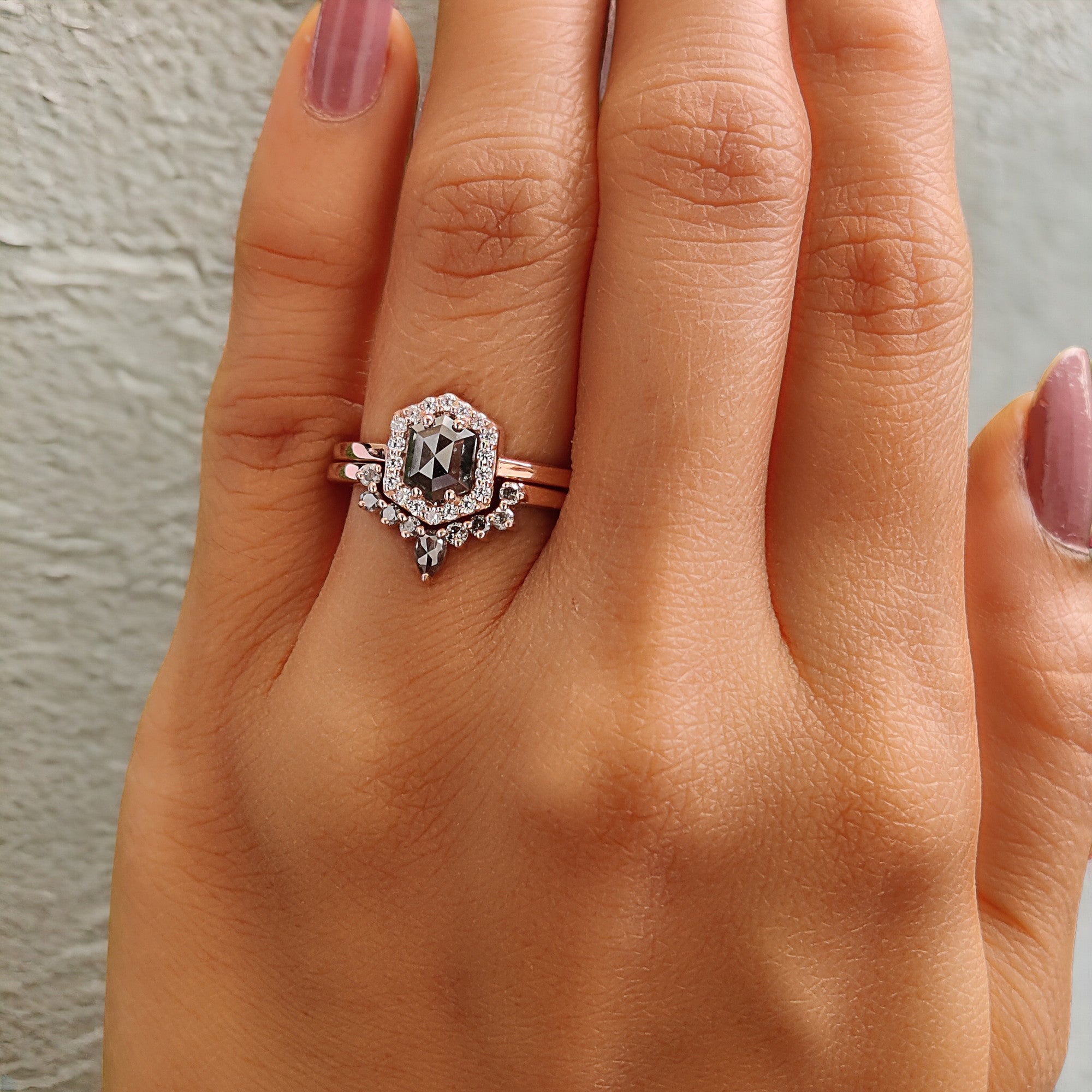 Hexagon Salt And Pepper Diamond Ring 0.80 Ct 6.30 MM Hexagon Cut Diamond Ring 14K Solid Rose Gold Silver Engagement Ring Gift For Her QL637