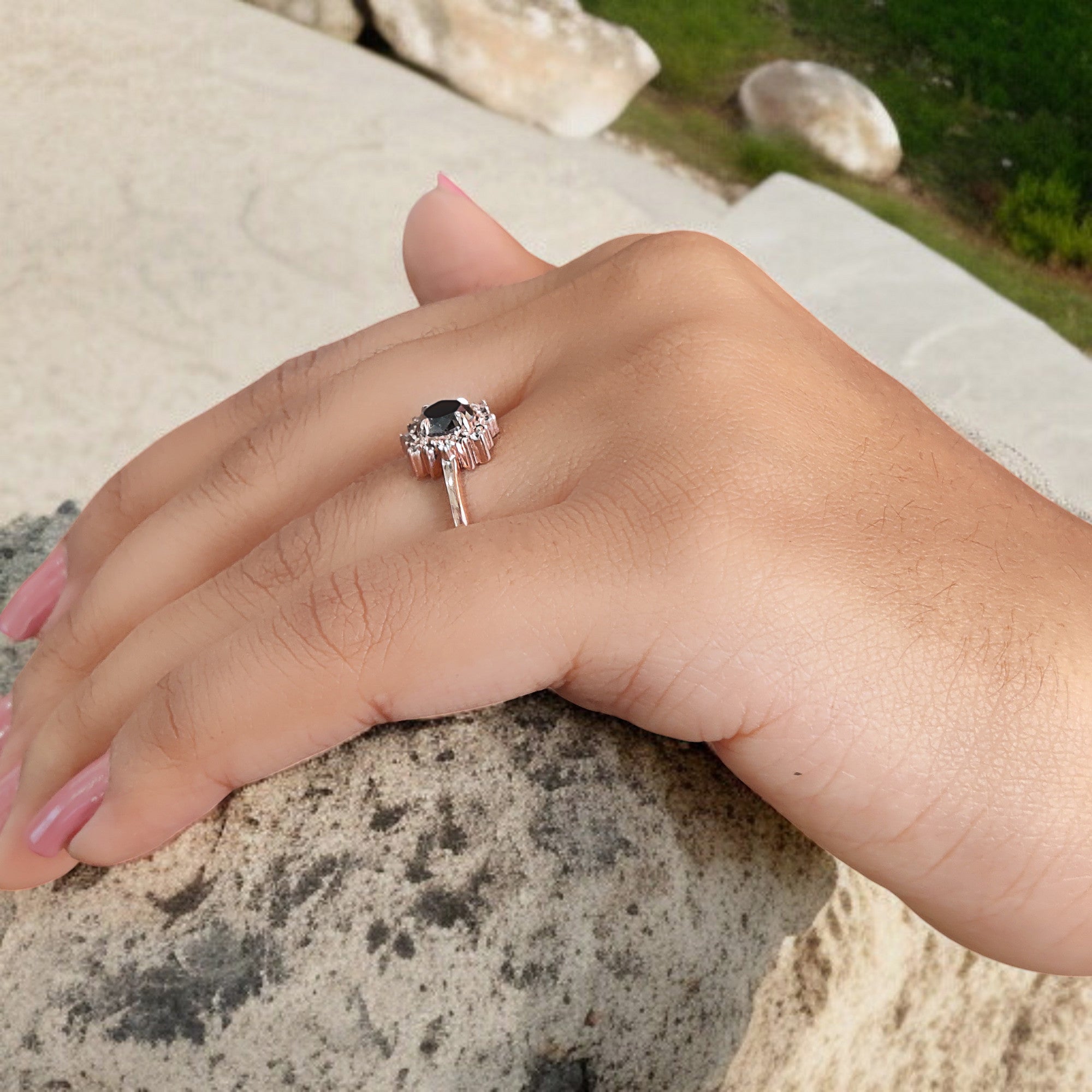 Round Cut Salt And Pepper Diamond Ring 0.83 Ct 5.69 MM Round Diamond Ring 14K Solid Rose Gold Silver Engagement Ring Gift For Her QL2168