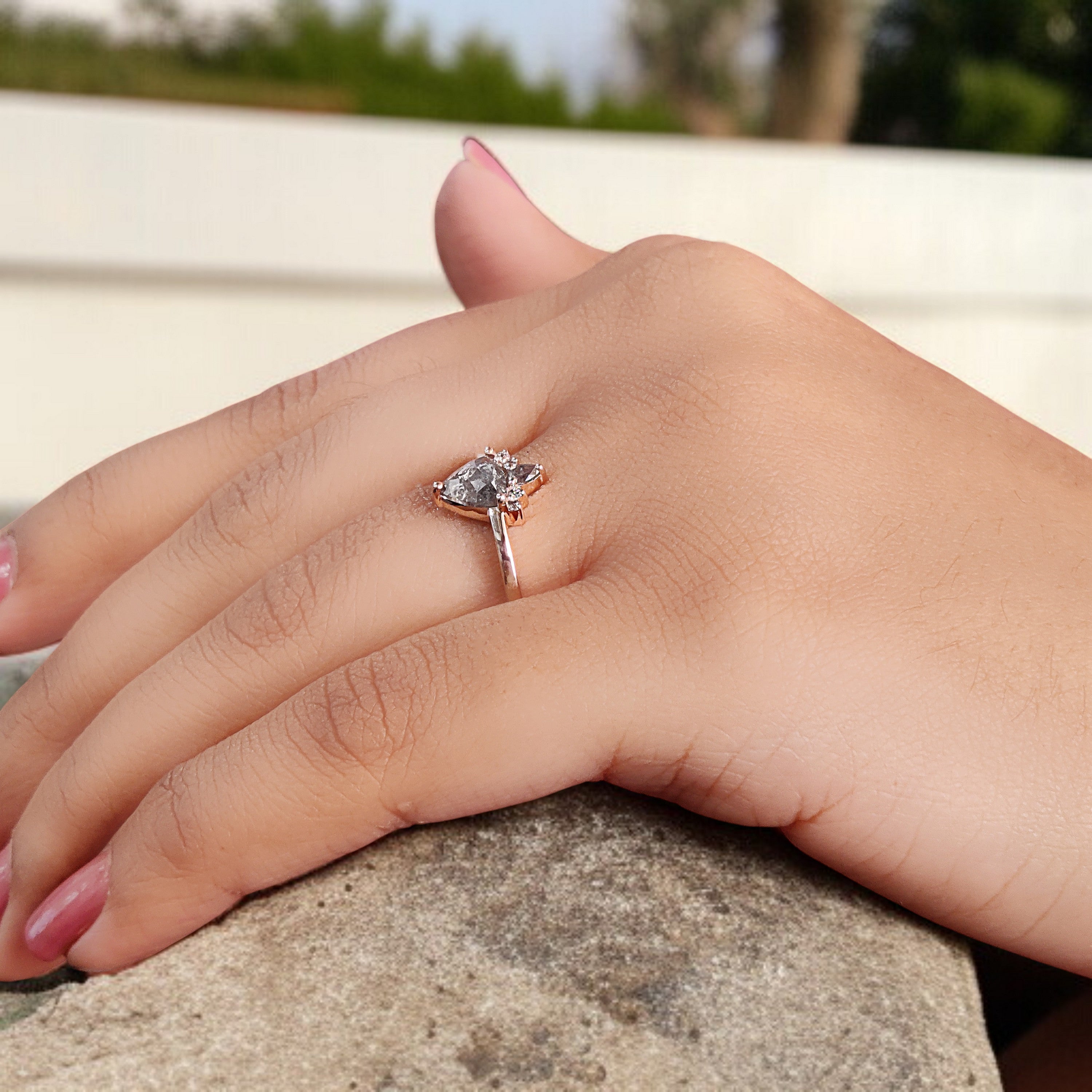 Triangle Shape Salt And Pepper Diamond Ring 0.52 Ct 6.00 MM Triangle Diamond Ring 14K Solid Rose Gold Engagement Ring Gift For Her KD1107