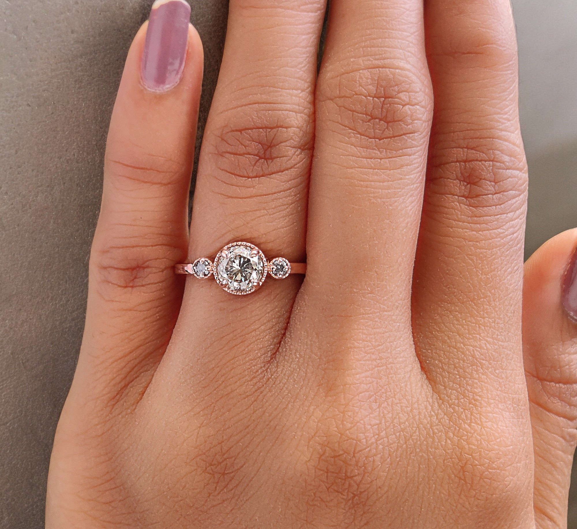 Round Cut Salt And Pepper Diamond Ring 0.90 Ct 5.79 MM Round Diamond Ring 14K Solid Rose Gold Silver Engagement Ring Gift For Her QL2655