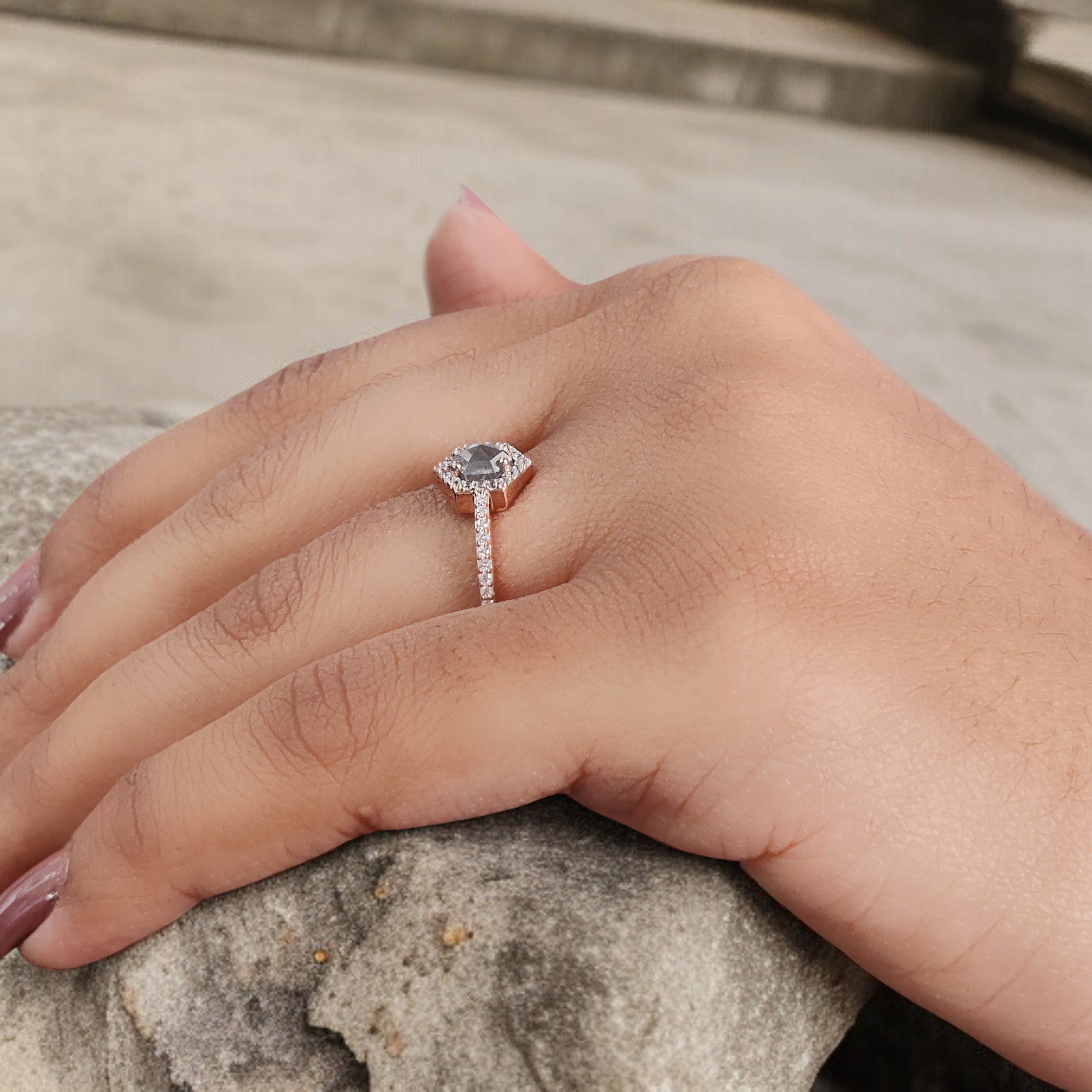 Hexagon Cut Salt And Pepper Diamond Ring 0.57 Ct 5.20 MM Hexagon Diamond Ring 14K Solid Rose Gold Silver Engagement Ring Gift For Her QL7965