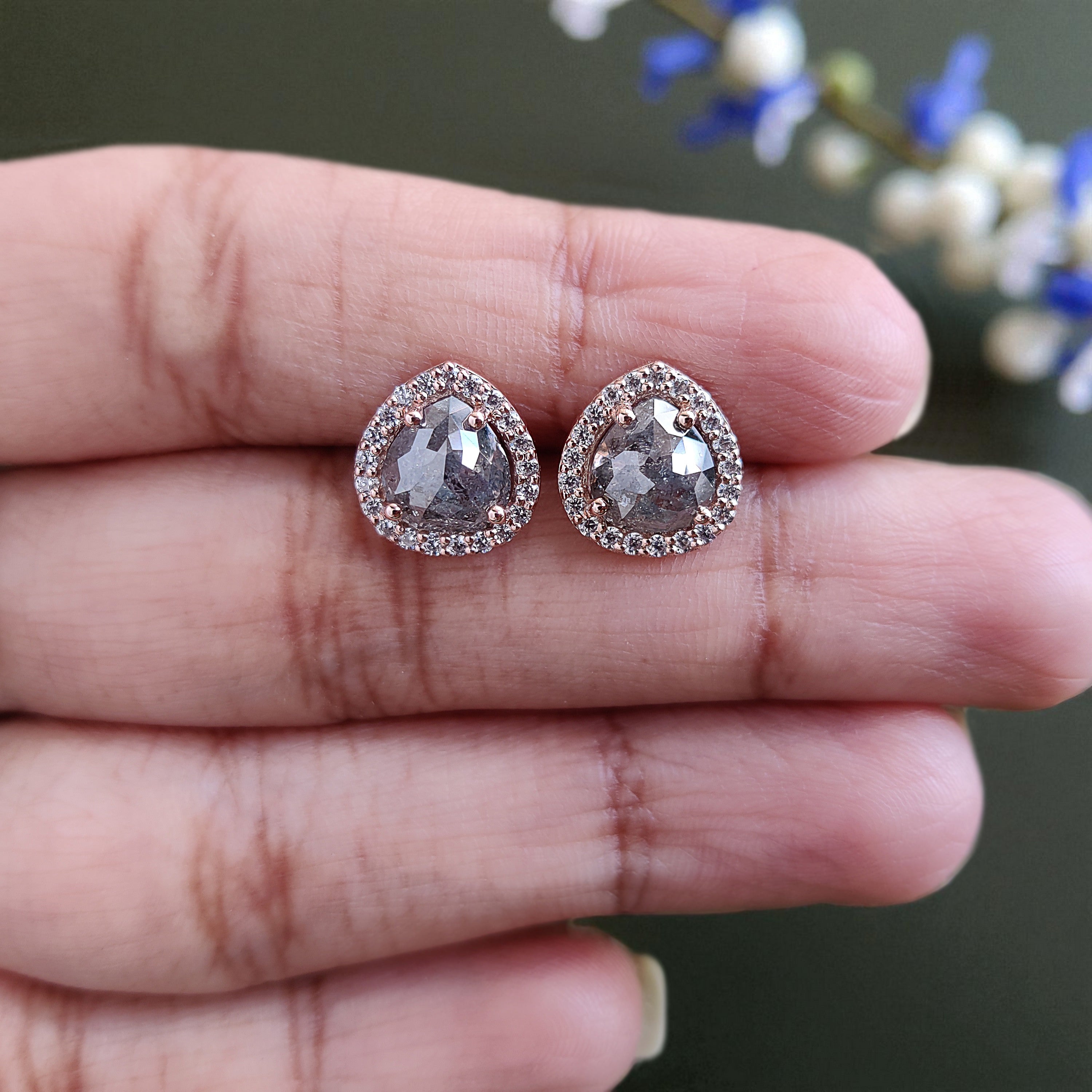 Pear Salt And Pepper Diamond Earring 2.31 Ct 7.30 MM Pear Shape Diamond Earring 14K Solid Rose Gold Silver Engagement Pear Earring KD866