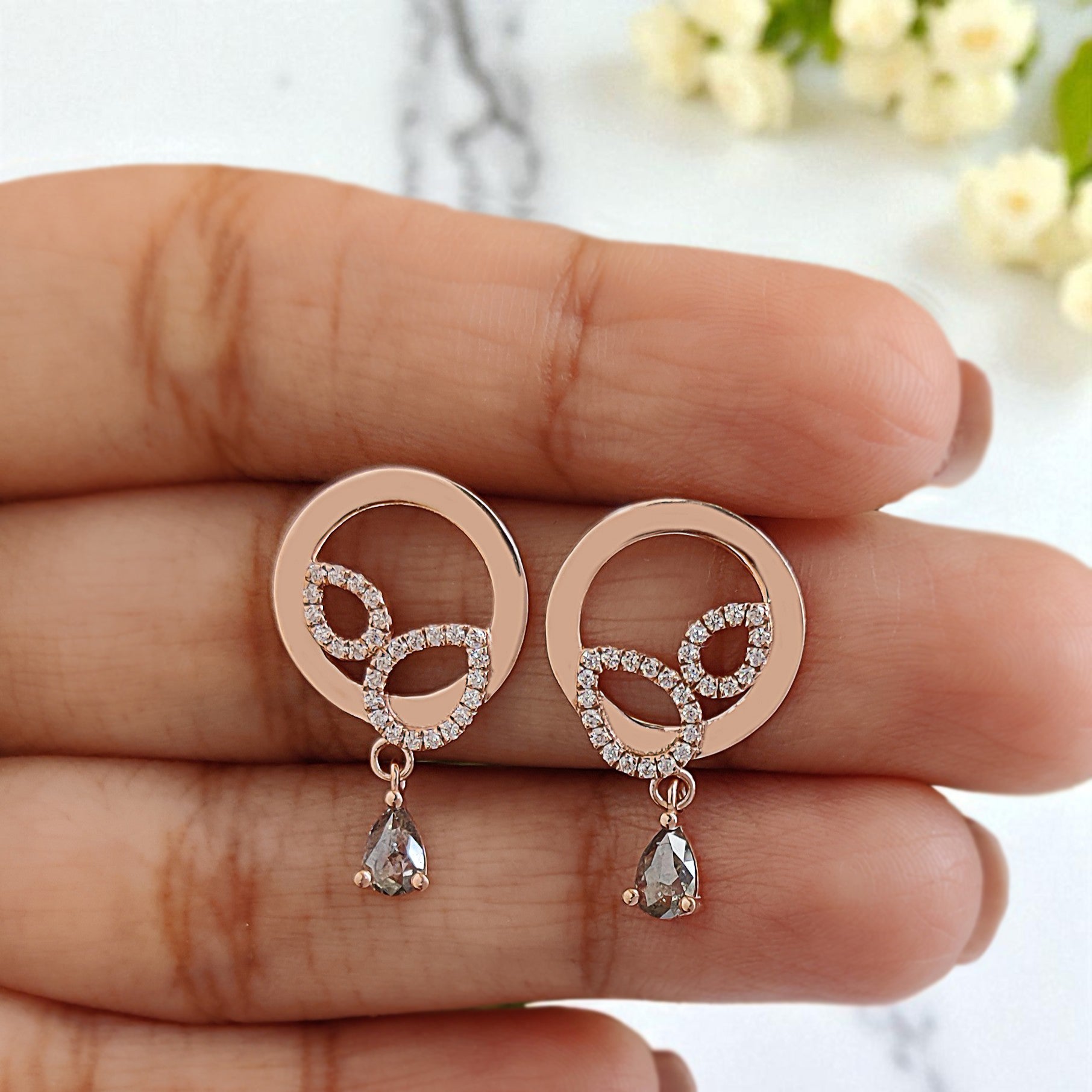 Pear Salt And Pepper Diamond Earring 0.50 Ct 5.46 MM Pear Diamond Earring 14K Solid Rose Gold Silver Pear Cut Earring Gift For Her KDN2277