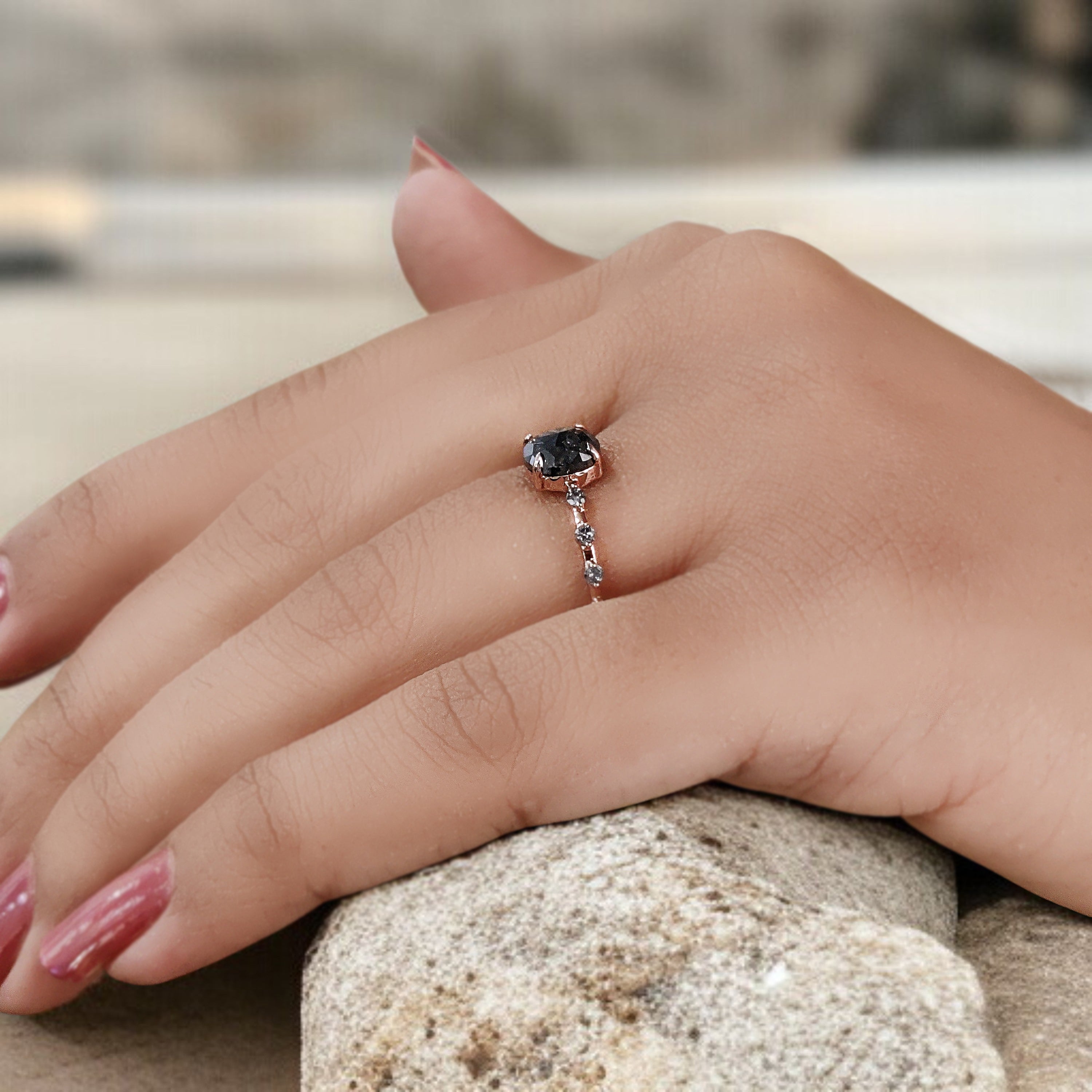 Oval Cut Salt And Pepper Diamond Ring 1.12 Ct 6.58 MM Oval Diamond Ring 14K Solid Rose Gold Silver Oval Engagement Ring Gift For Her QN2360