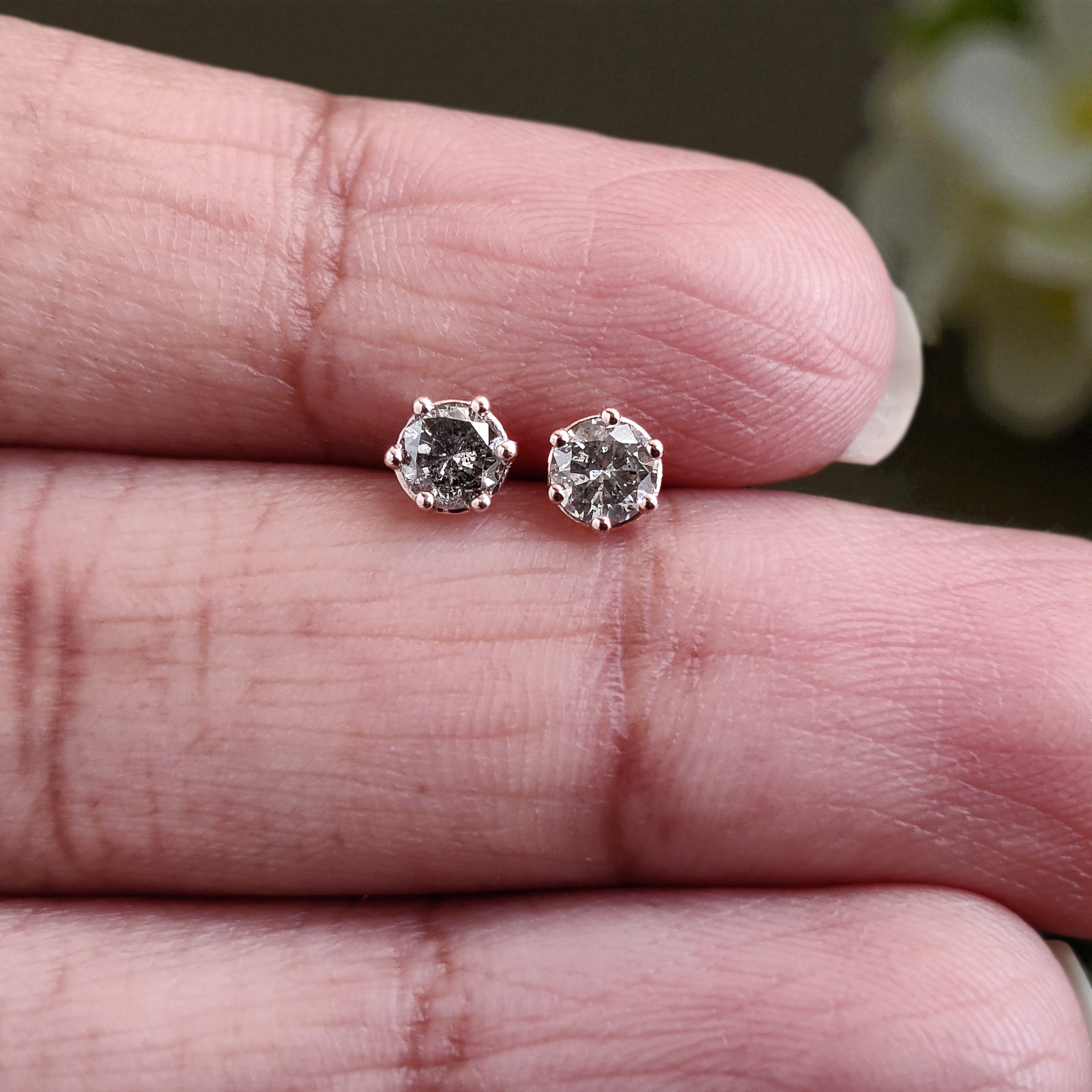 Round Salt And Pepper Diamond Earring 0.39 Ct Round Diamond Earring 14K Solid Rose Gold Silver Round Rose Cut Earring Gift For Her KD992