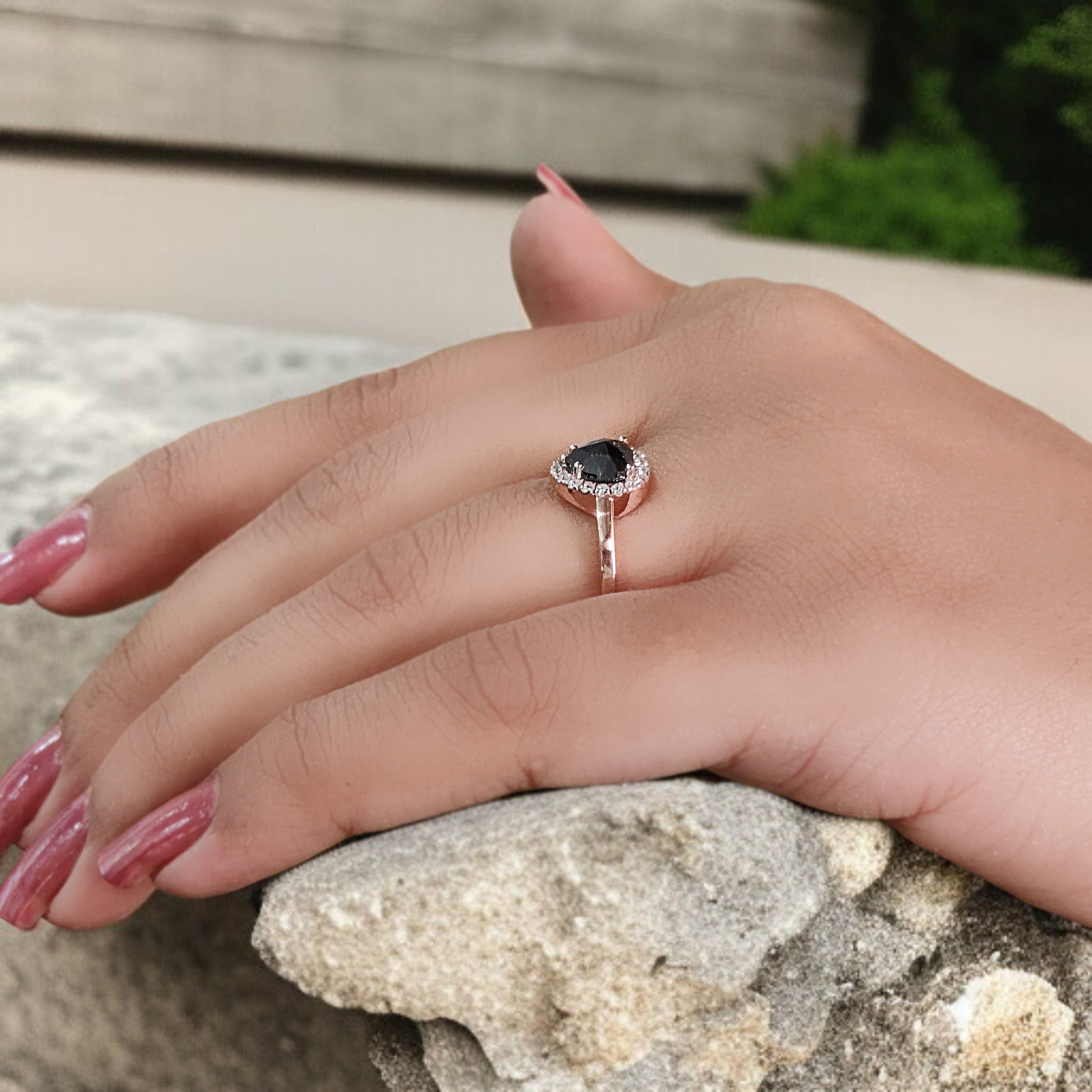 Pear Cut Salt And Pepper Diamond Ring 1.00 Ct 6.35 MM Pear Shape Diamond Ring 14K Solid Rose Gold Silver Engagement Ring Gift For Her QN9348