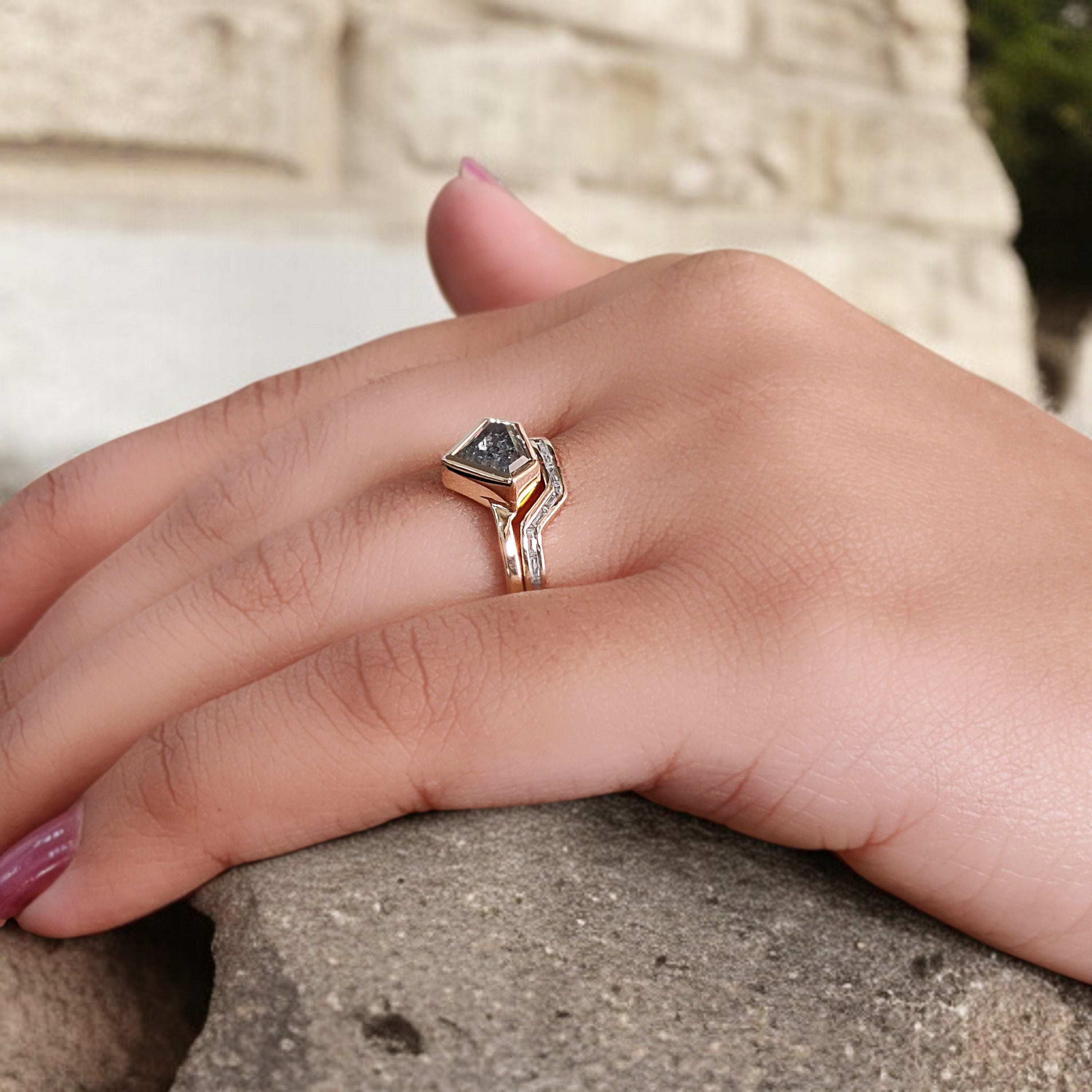 Shield Salt And Pepper Diamond Ring 1.25 CT 6.22 MM Shield Diamond Wedding Ring Set Yellow Gold Silver Engagement Ring Gift For Her KDL2609