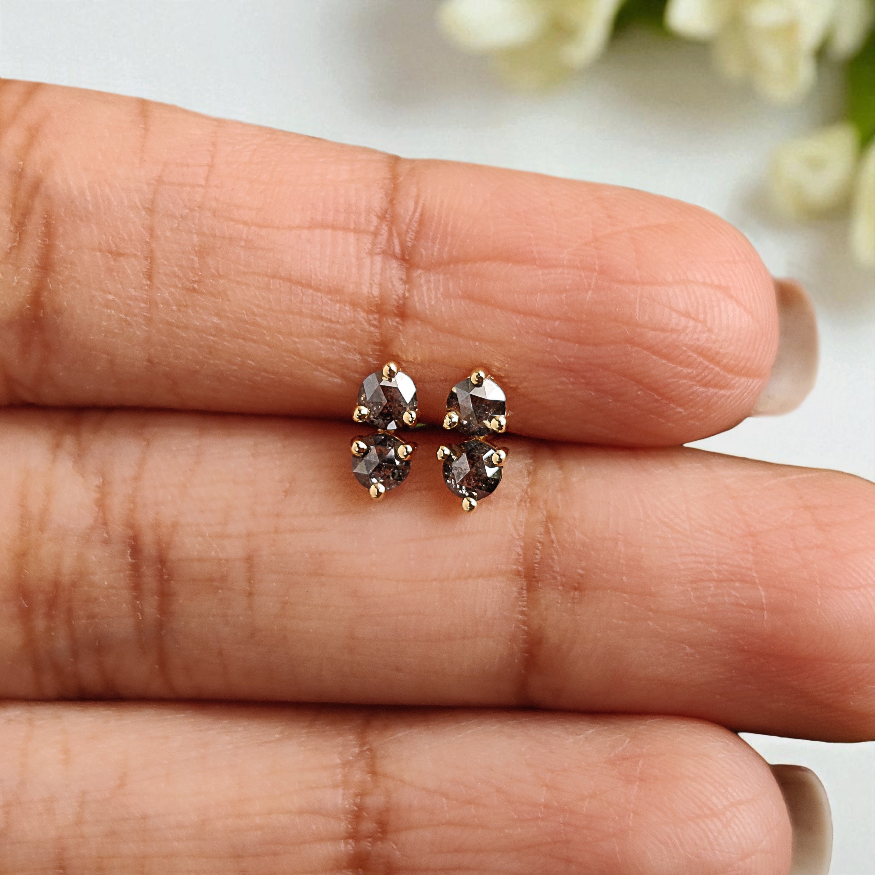 Round Salt And Pepper Diamond Earring Round Rose Shape Earring Prong Earring Engagement Earring Earlobe Earrings Gift For Her KD1187