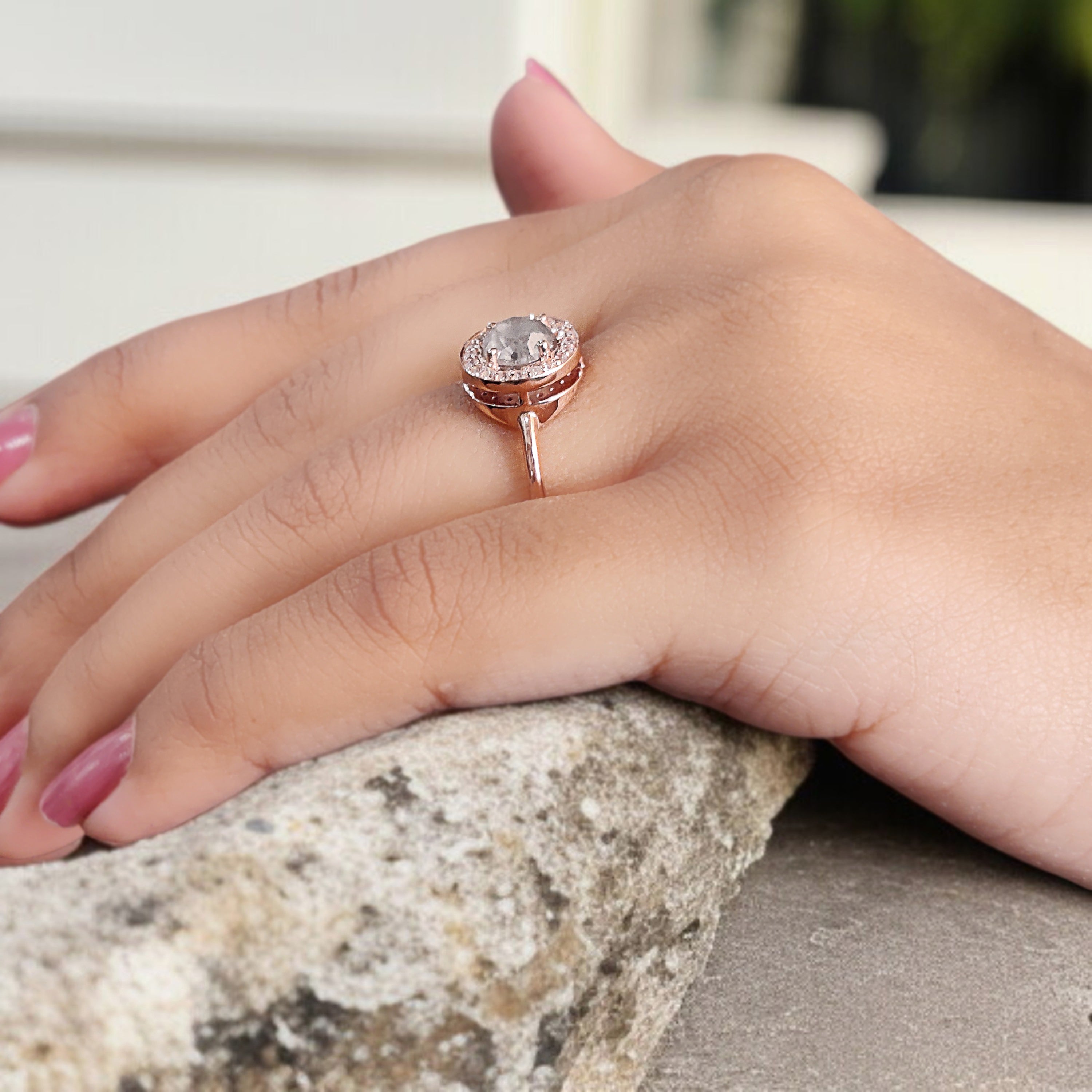 Round Cut Salt And Pepper Diamond Ring 1.25 Ct 6.15 MM Round Diamond Ring 14K Solid Rose Gold Silver Engagement Ring Gift For Her QN486