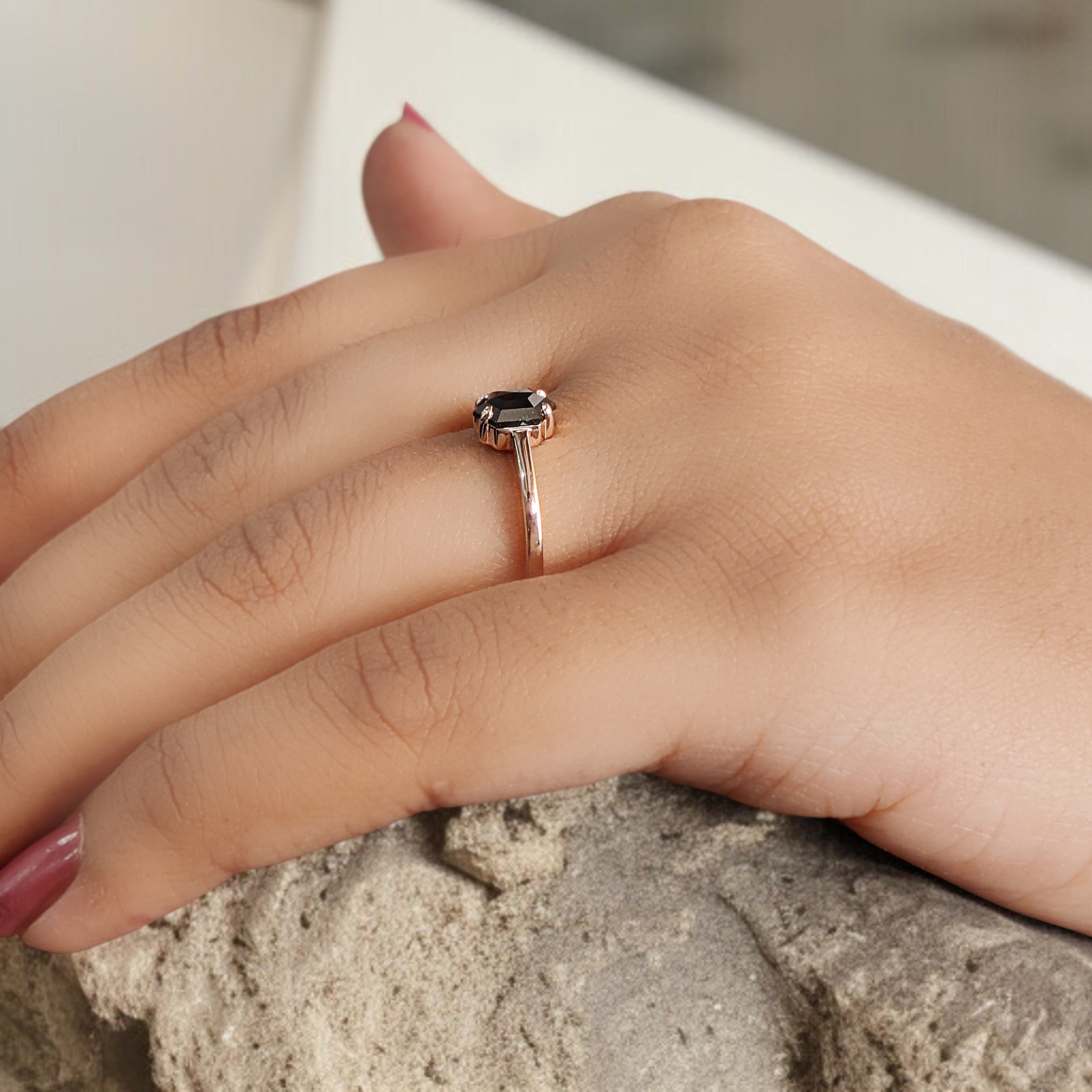 Hexagon Black Color Diamond Ring 0.88 Ct 6.70 MM Hexagon Shape Diamond Ring 14K Solid Rose Gold Silver Engagement Ring Gift For Her QN2274
