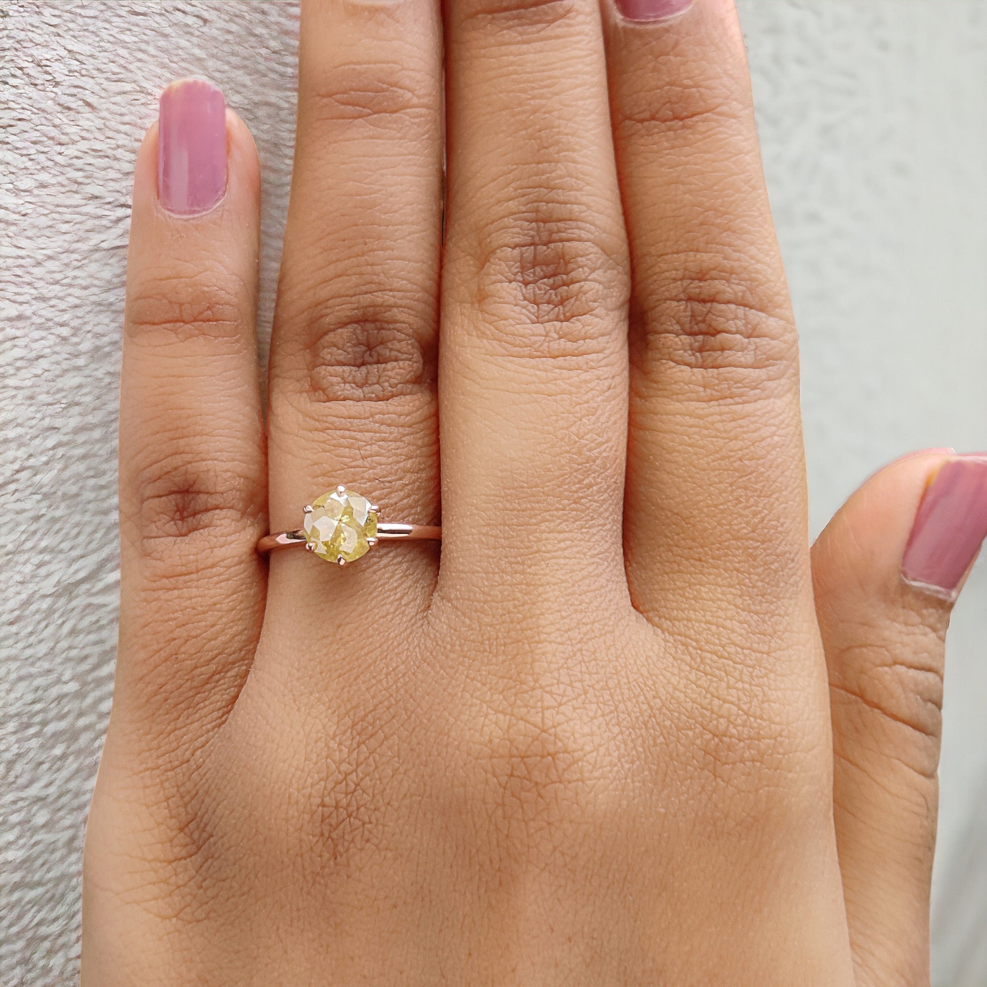 Round Rose Cut Yellow Color Diamond Ring 1.07 Ct 6.41 MM Round Shape Diamond Ring 14K Rose Gold Silver Engagement Ring Gift For Her QK2496