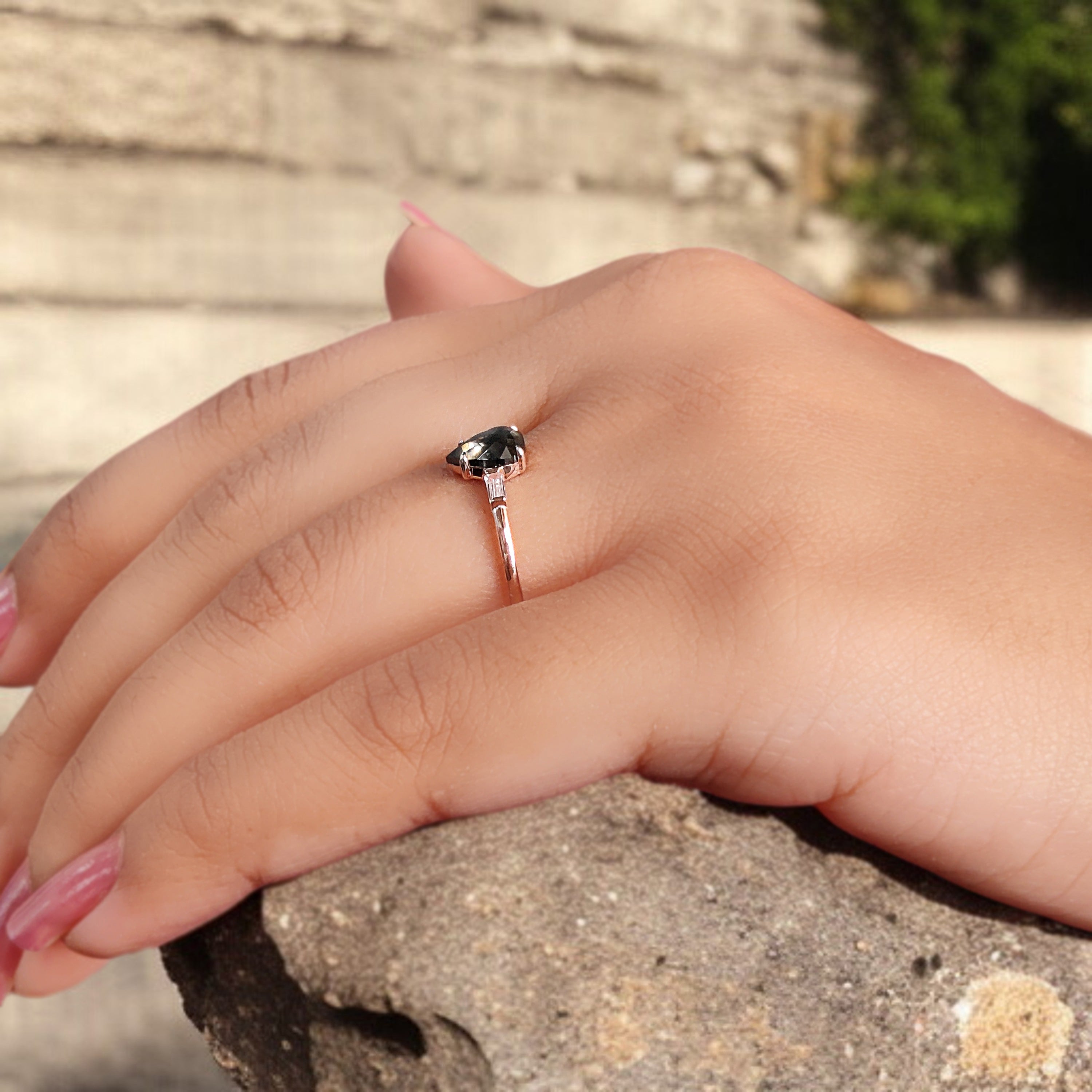 Pear Cut Black Color Diamond Ring 0.72 Ct 7.05 MM Pear Brown Diamond Ring 14K Solid Rose Gold Silver Pear Engagement Ring Gift For Her QN124