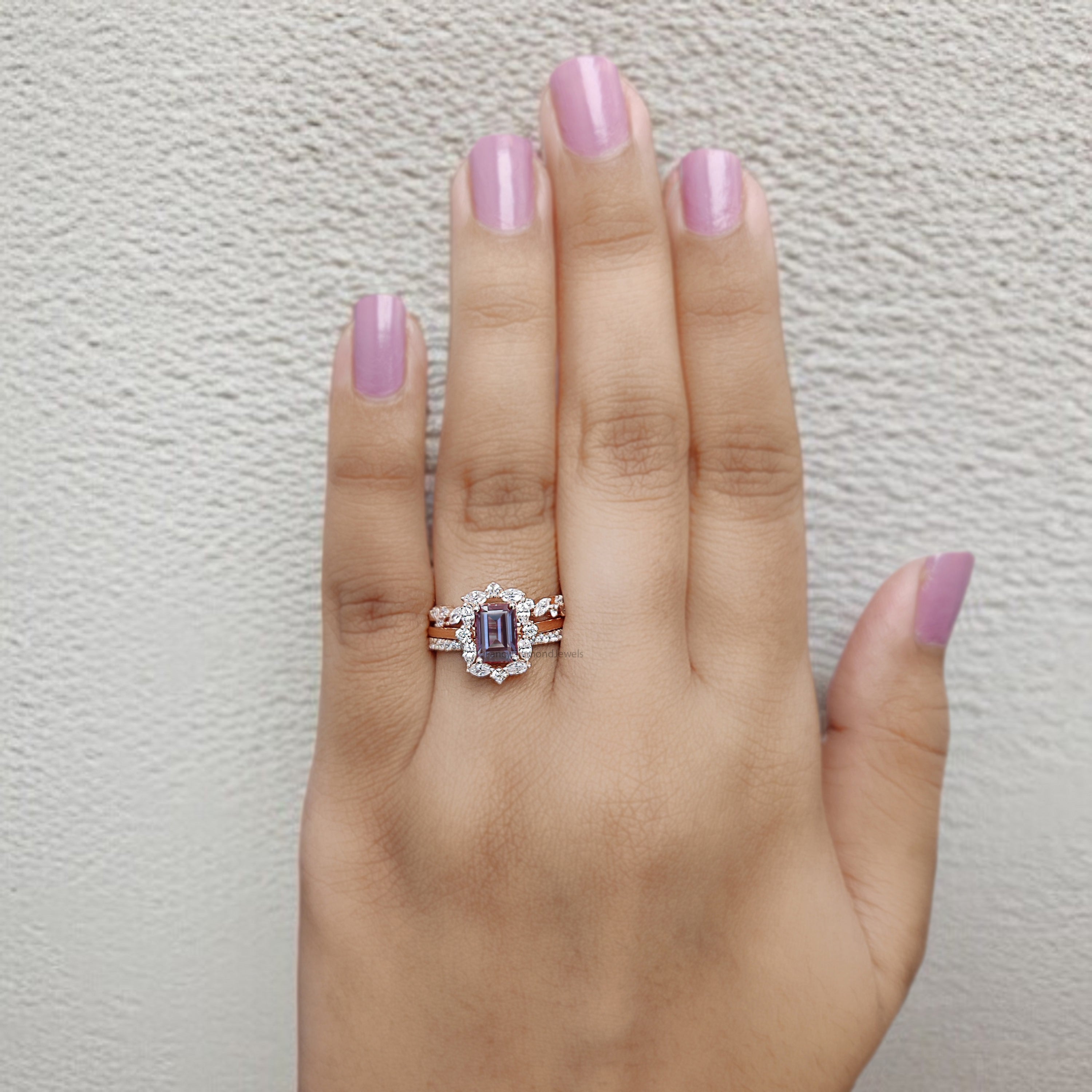 1.45 CT Emerald Cut Lab Alexandrite Engagement Ring Set Unique art deco Marquise halo Starburst Ring Round wedding ring Gift For Her FD417