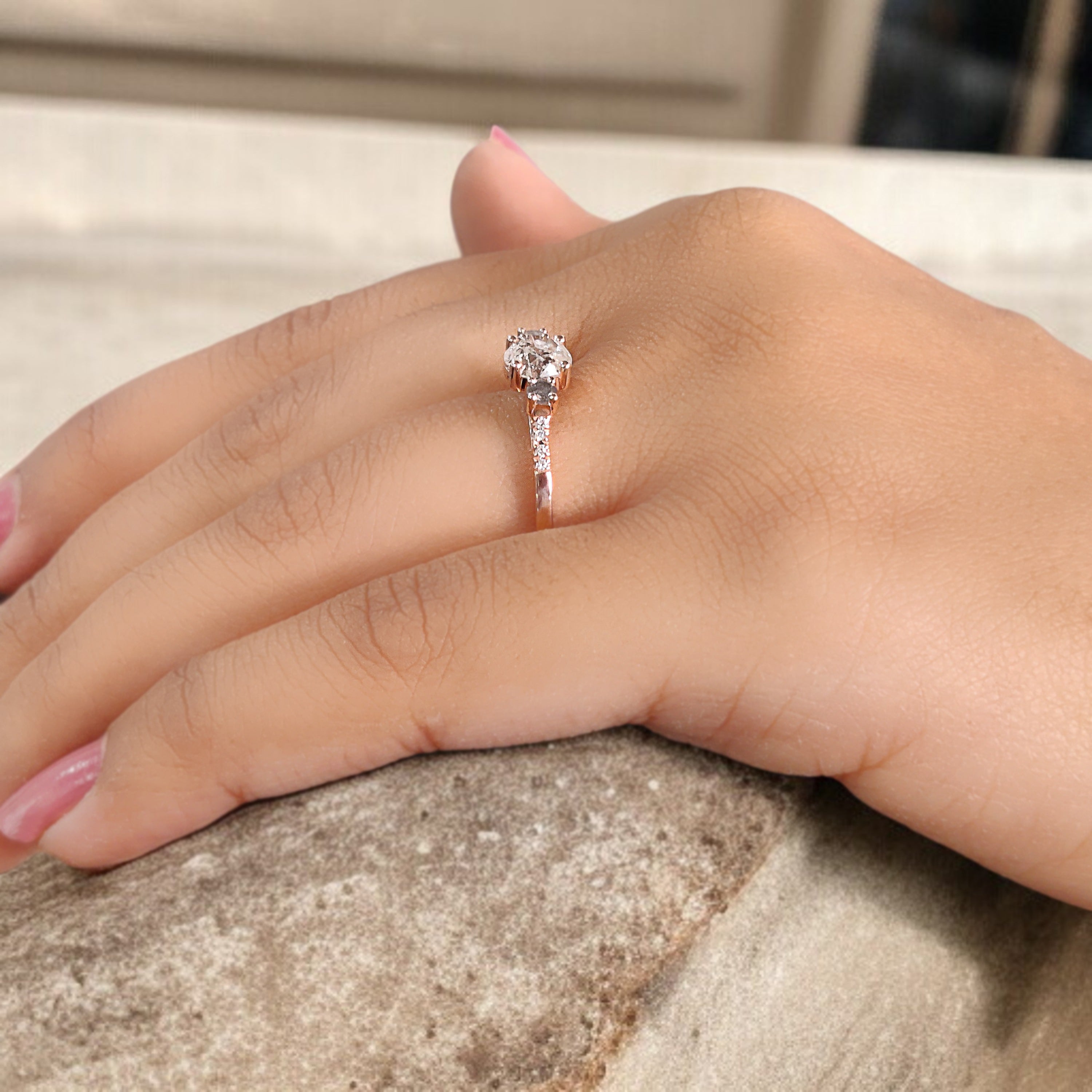 Round Cut Salt And Pepper Diamond Ring 0.83 Ct 5.64 MM Round Diamond Ring 14K Solid Rose Gold Silver Engagement Ring Gift For Her QN2184