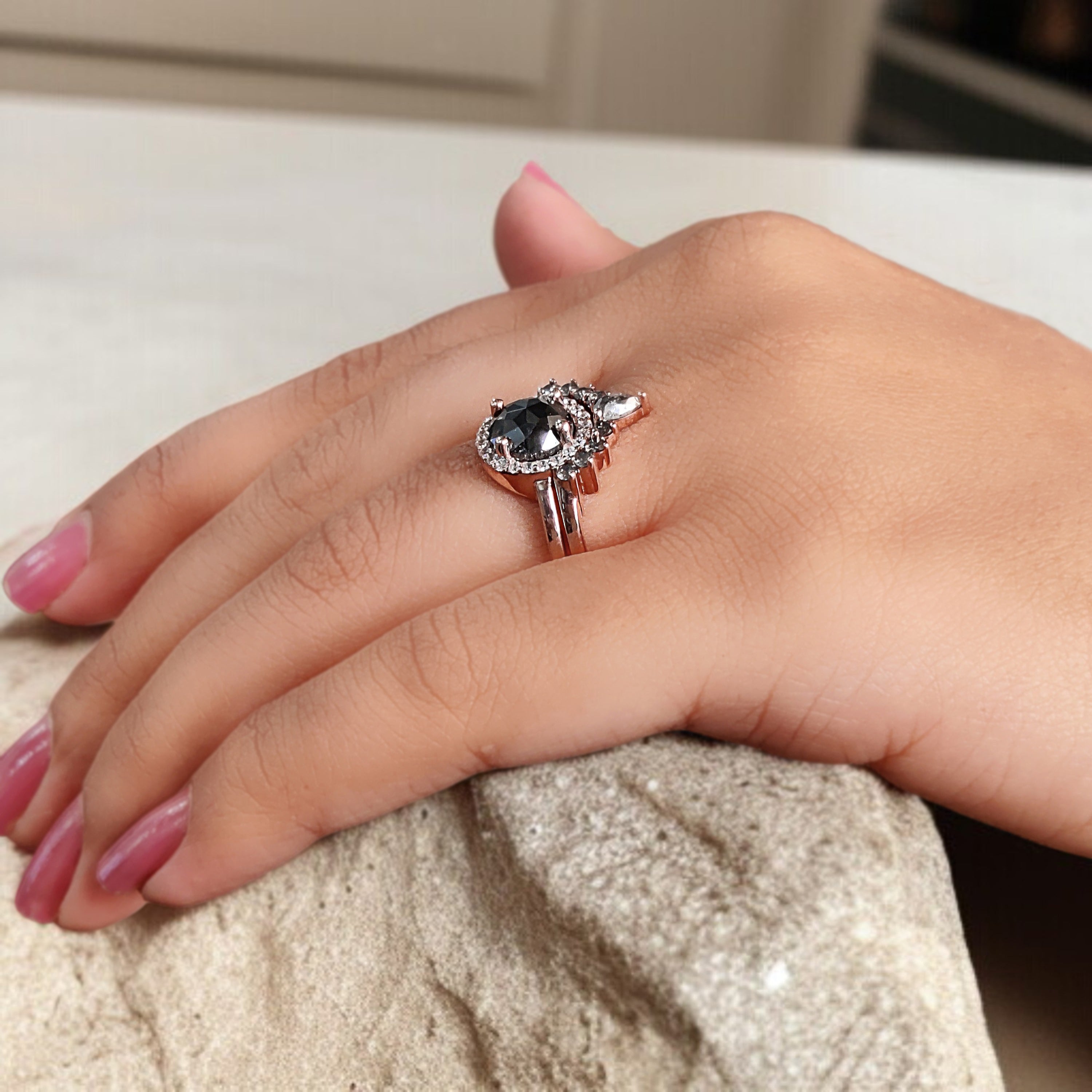 Round Rose Cut Salt And Pepper Diamond Ring 1.86 Ct 7.50 MM Round Diamond Ring 14K Rose Gold Silver Engagement Ring Gift For Her QL1303
