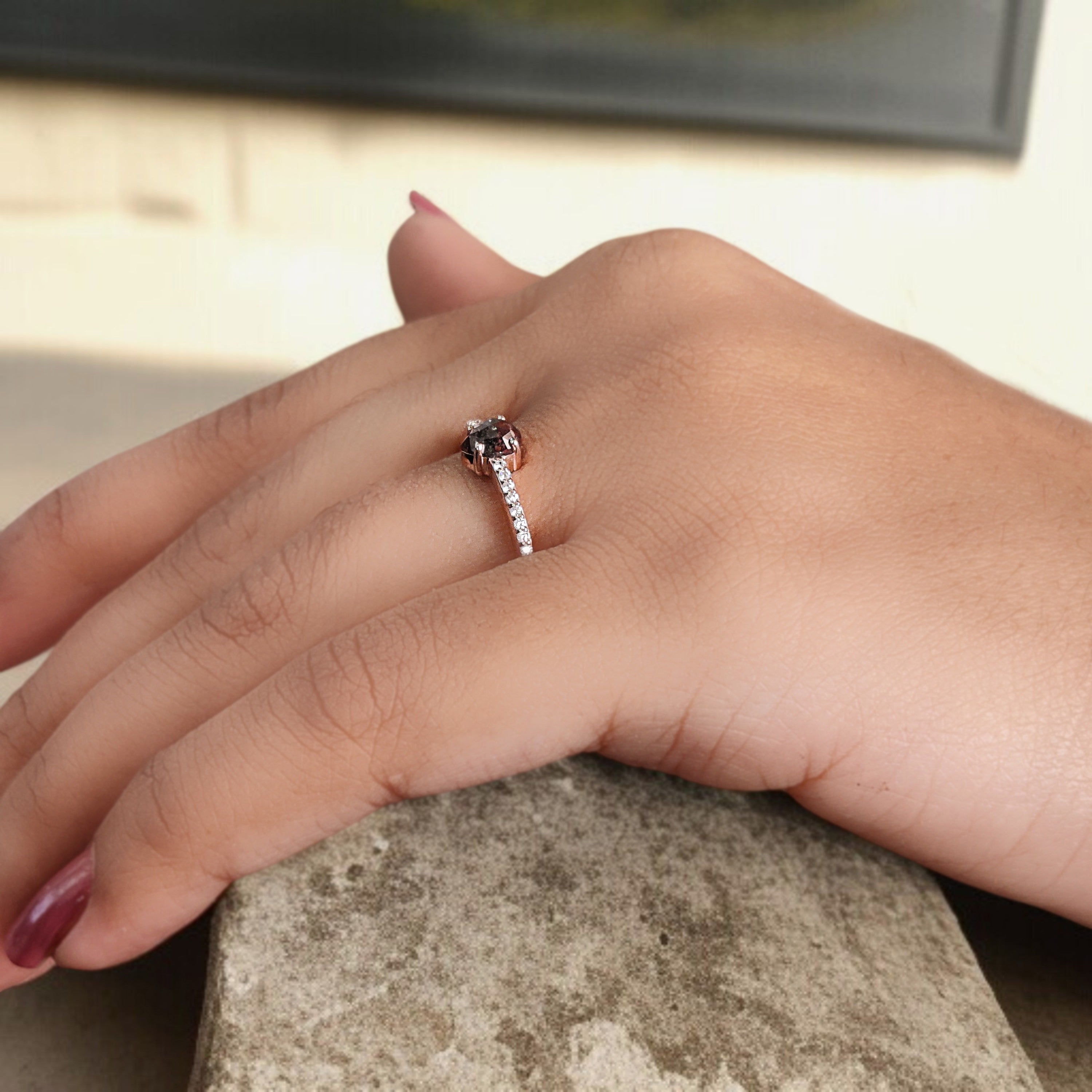 Pear Cut Salt And Pepper Diamond Ring 0.44 Ct 5.40 MM Pear Diamond Ring 14K Solid Rose Gold Silver Engagement Pear Ring Gift For Her KD1113