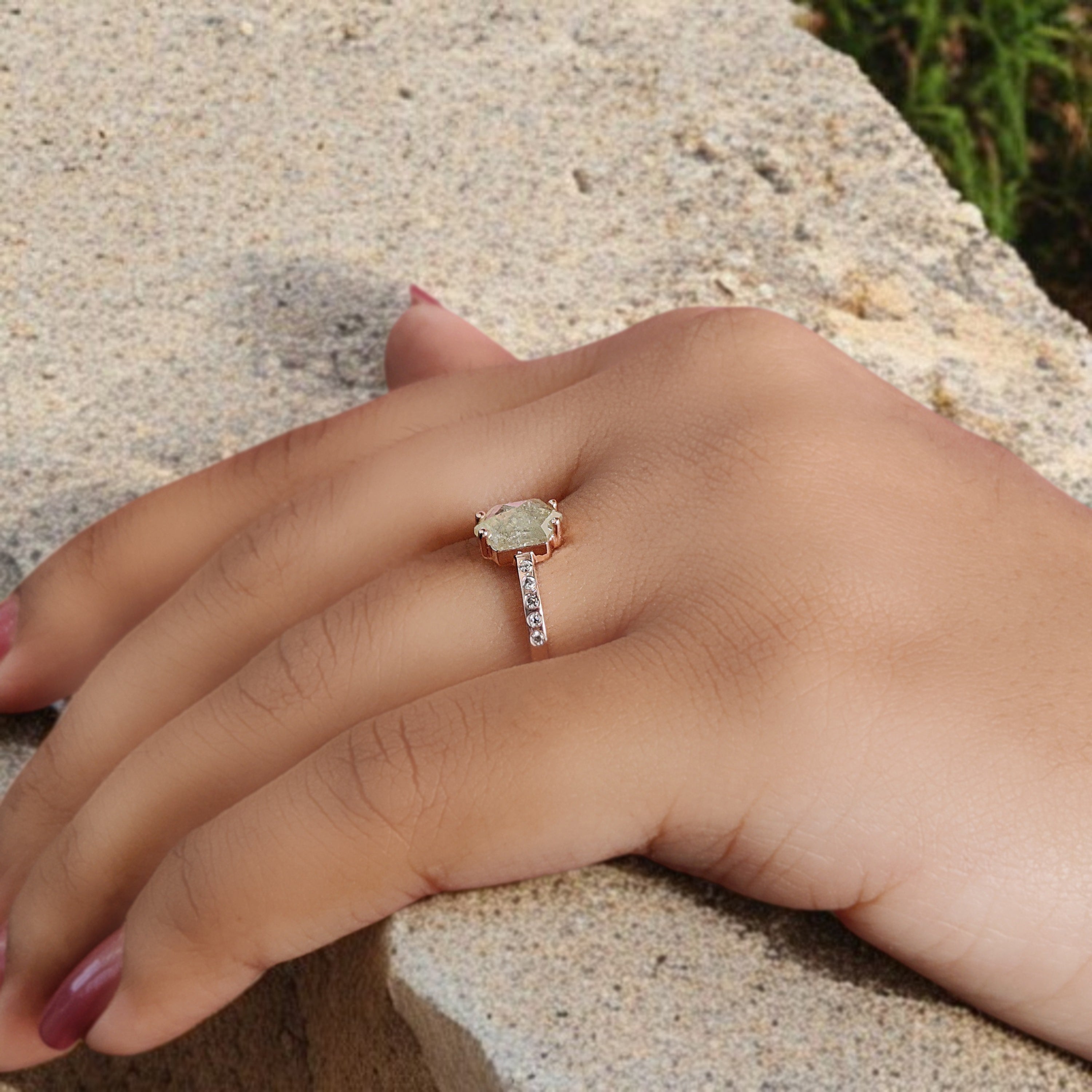 Hexagon Grey Color Diamond Ring 0.75 Ct 7.45 MM Hexagon Shape Diamond Ring 14K Solid Rose Gold Silver Engagement Ring Gift For Her QK2097