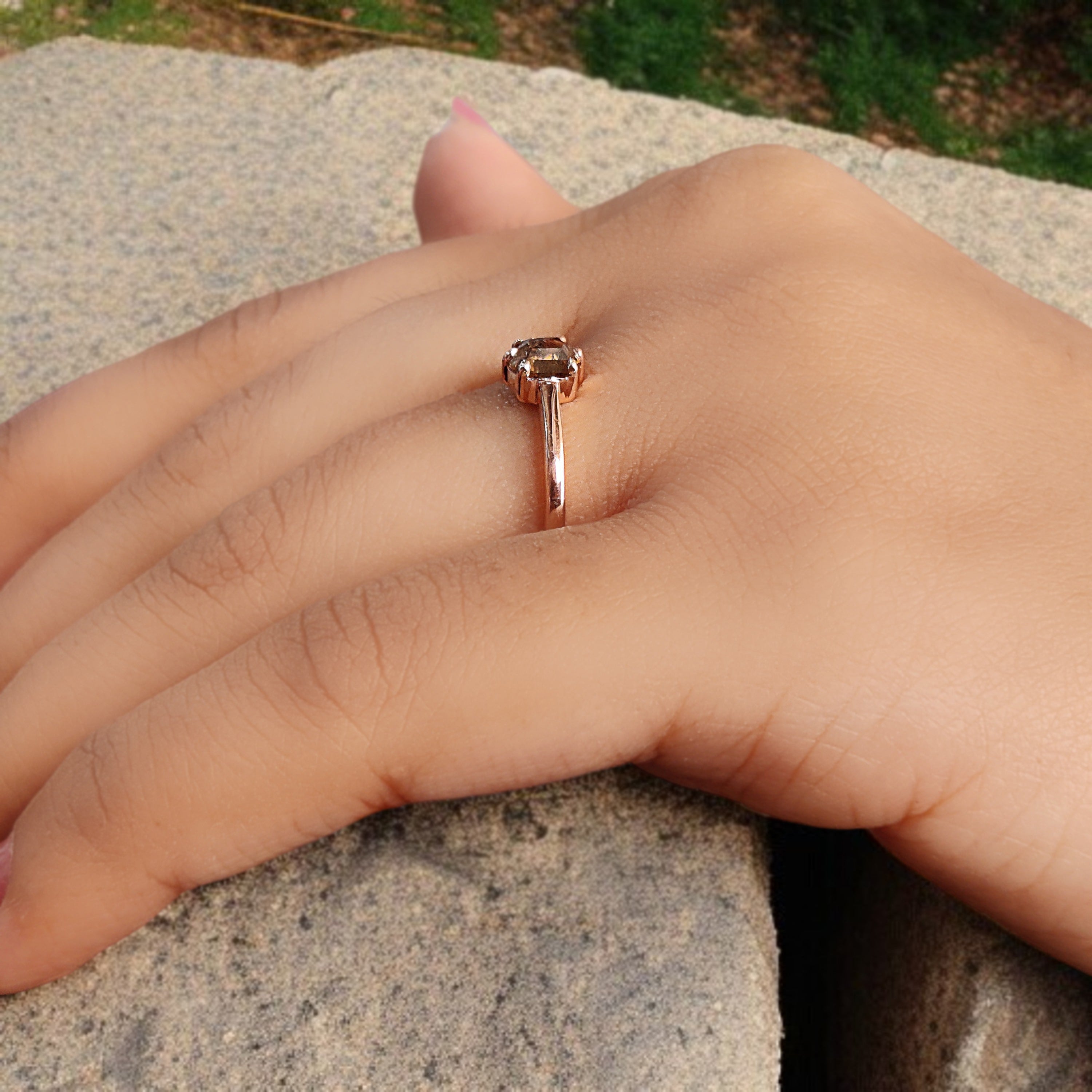 Hexagon Brown Color Diamond Ring 0.50 Ct 5.41 MM Hexagon Shape Diamond Ring 14K Solid Rose Gold Silver Engagement Ring Gift For Her QK2596