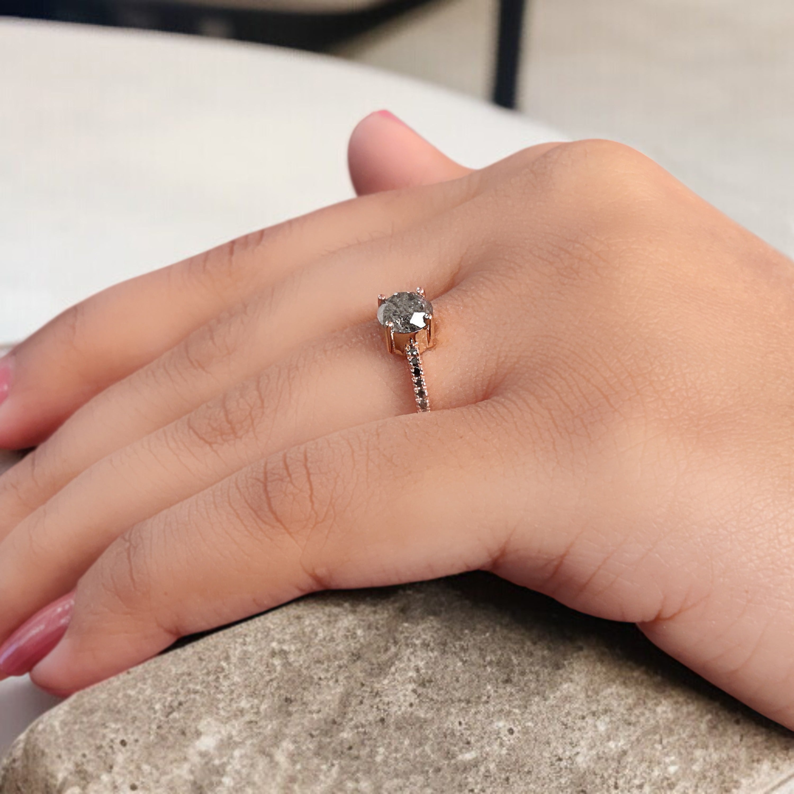 Round Cut Salt And Pepper Diamond Ring 0.87 Ct 5.80 MM Round Diamond Ring 14K Solid Rose Gold Silver Engagement Ring Gift For Her QN9140