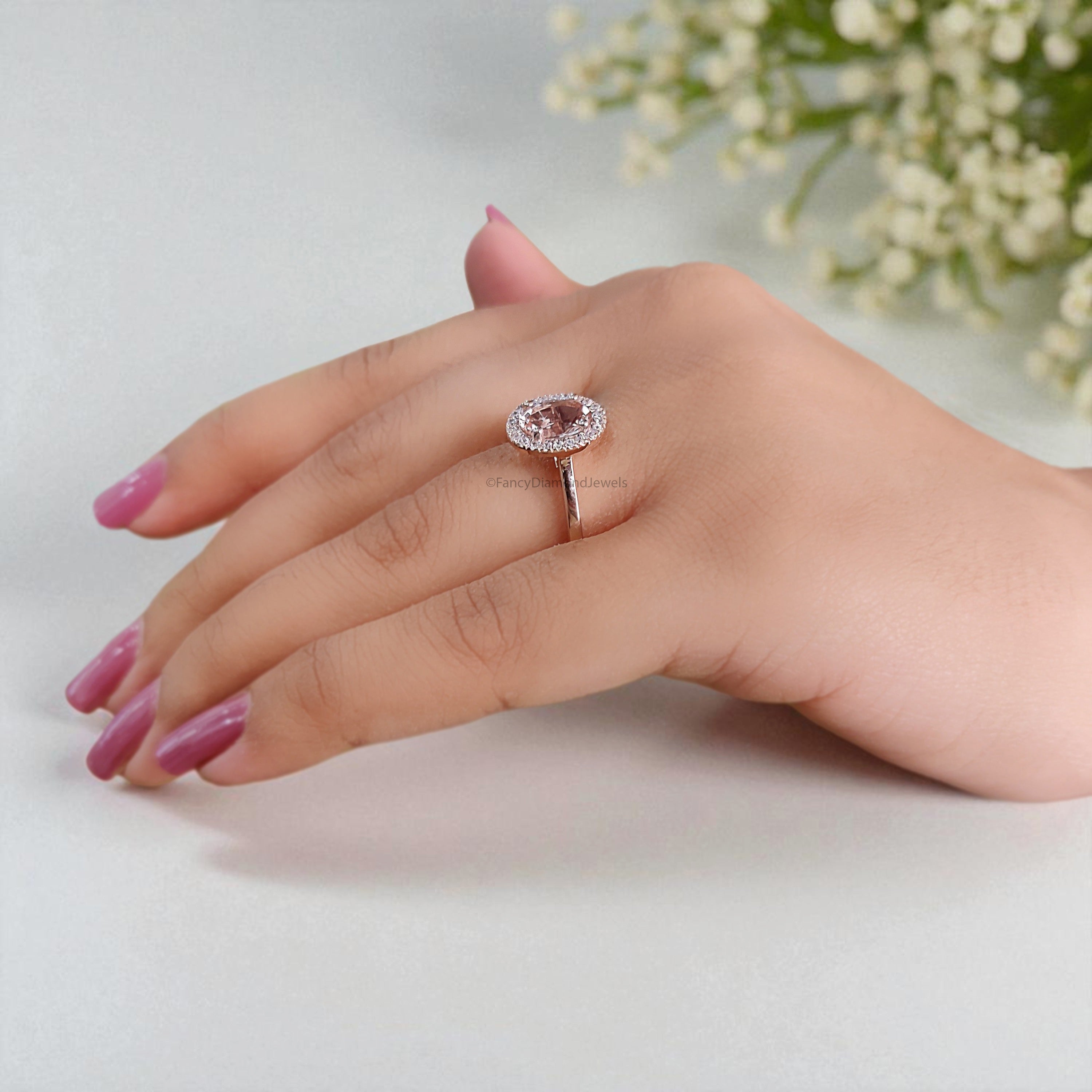 1.15 CT Oval Cut Natural Morganite Engagement Ring Rose Gold Ring Oval Shape Wedding Ring Unique Vintage Halo Ring Gift For Her FD435