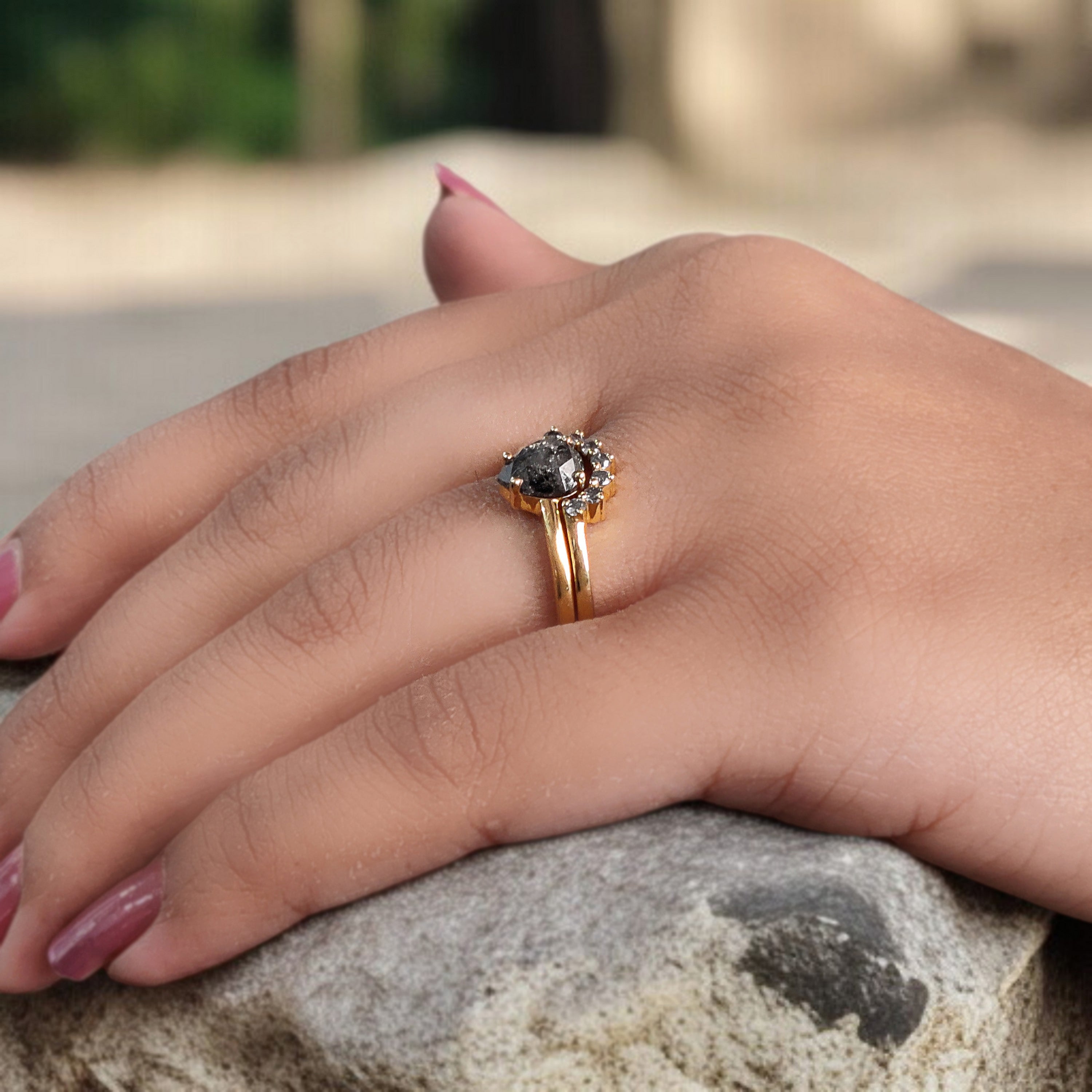 Pear Salt And Pepper Diamond Ring 1.10 Ct 7.30 MM Pear Diamond Ring 14K Solid Yellow Gold Silver Engagement Pear Ring Gift For Her QN1877