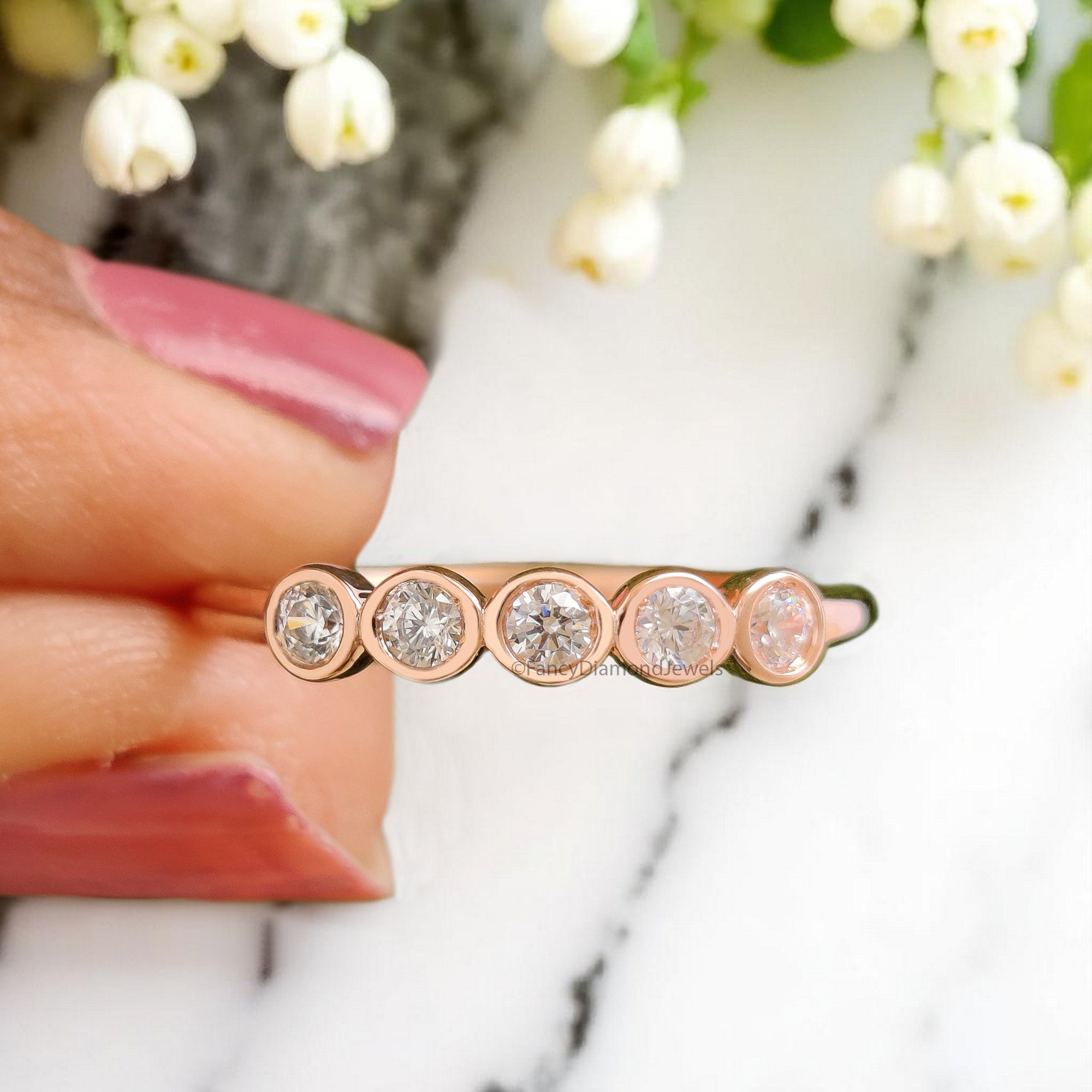 Bezel Set 5 Moissanite Diamond Wedding Band Silver/10K/14K/18K Gold Half Eternity Minimalist stacking dainty matching anniversary ring KD890
