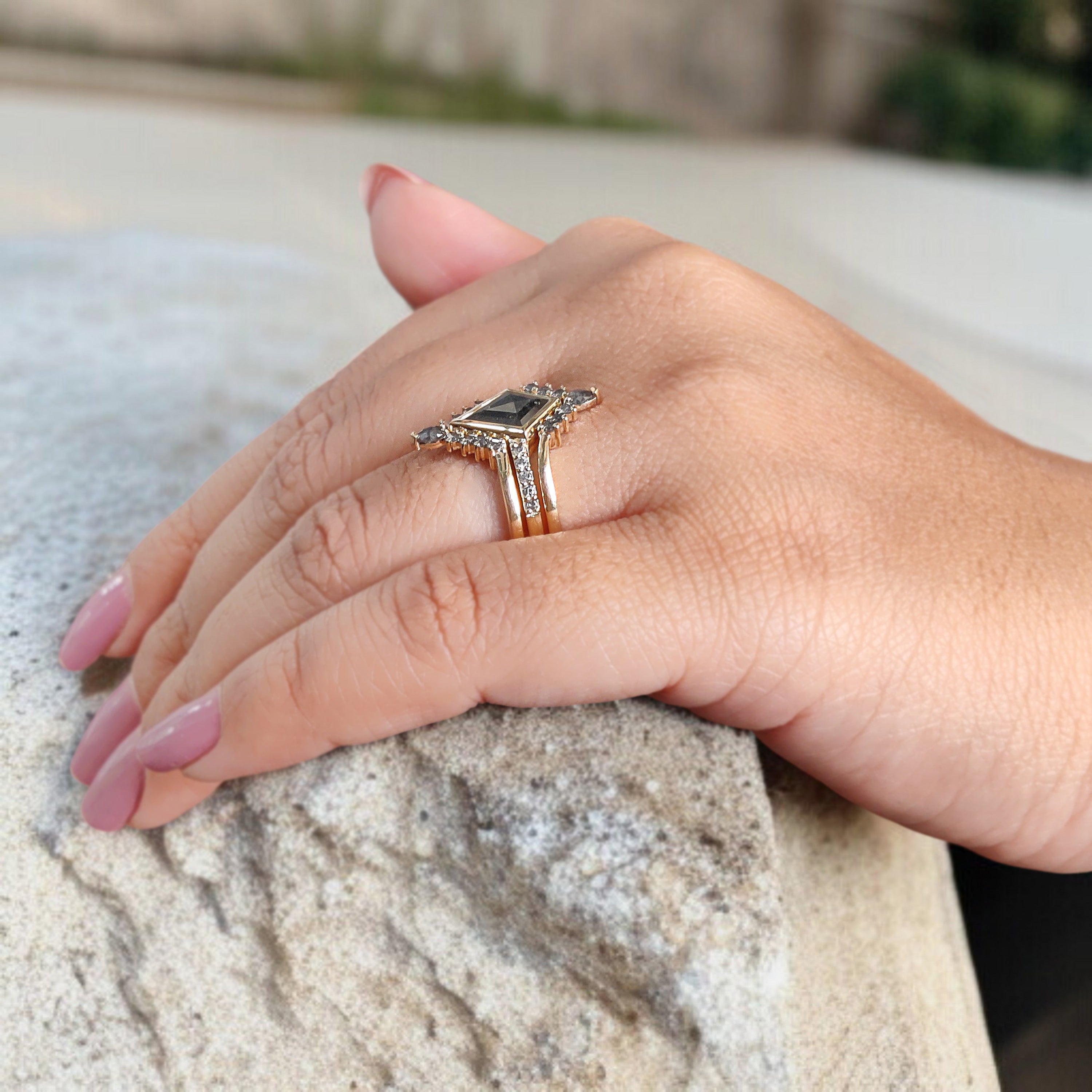 Kite Cut Salt And Pepper Diamond Ring 0.62 CT 9.80 MM Kite Diamond Wedding Ring Set Yellow Gold Silver Engagement Ring Gift For Her KDN2601