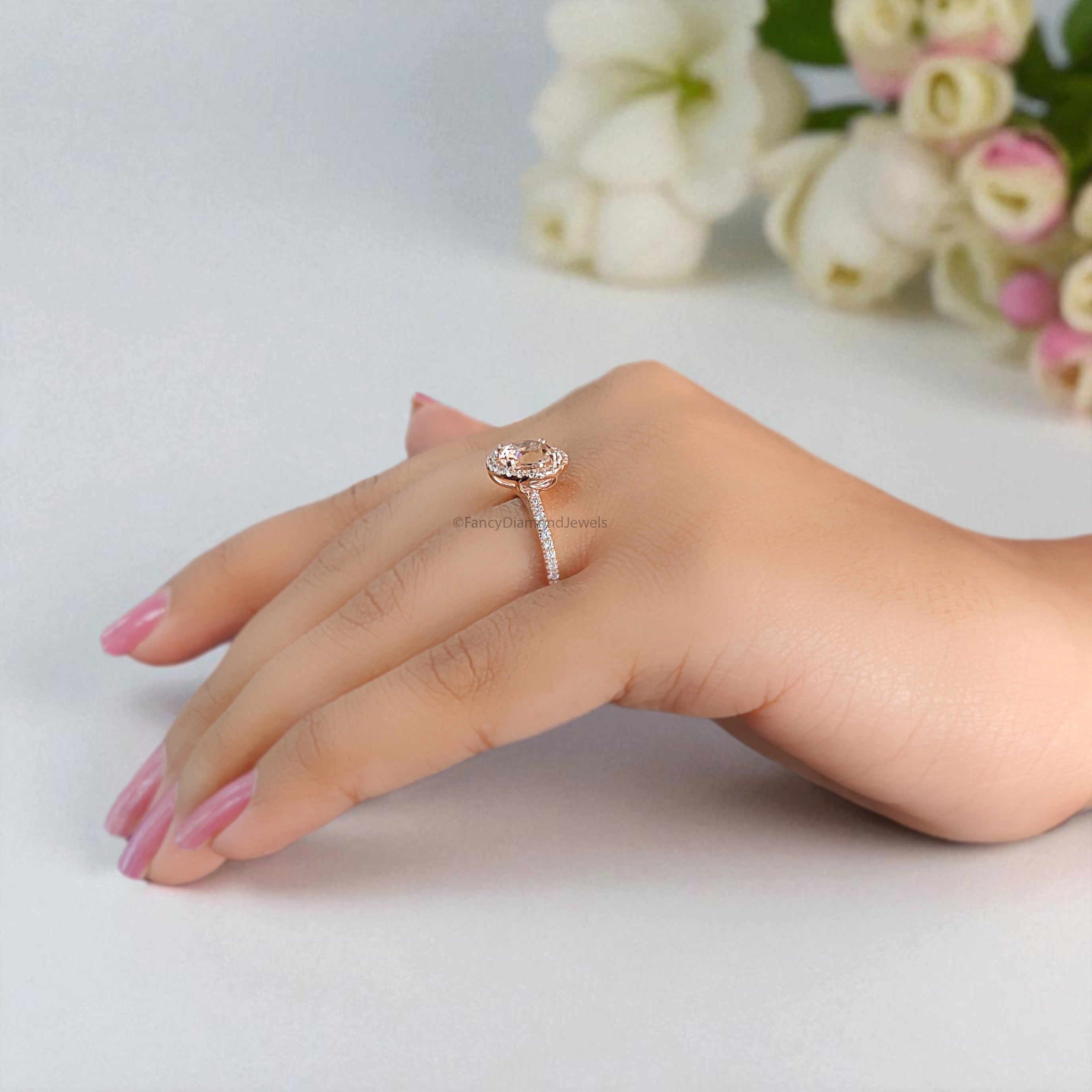 1.40 CT Round Cut Natural Morganite Engagement Ring Rose Gold Ring Round Shape Wedding Ring Unique Vintage Halo Ring Gift For Her FD433